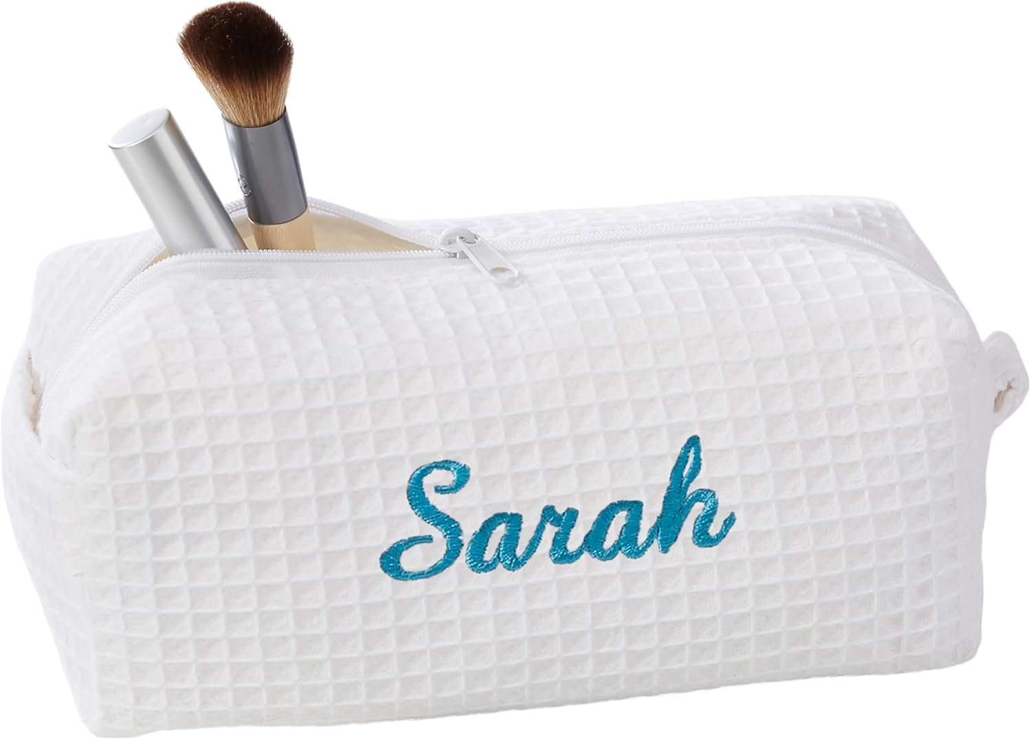 Private Label Personalized Embroidered Ladies Makeup Bag Waffle Weave Machine Washable Custom Logo Name Initial White Bridesmaid Birthday Gift Travel Cosmetic Manufacturer