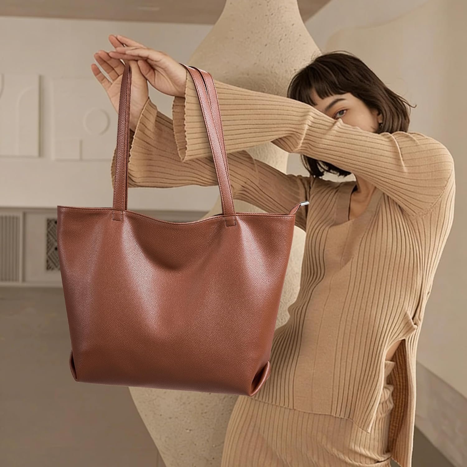 Custom Logo Soft Vegan Leather Large Tote Bag for Women Casual Hobo Zipper Shoulder Handbag Private Label Weekender Work Daily Travel Purse Manufacturer