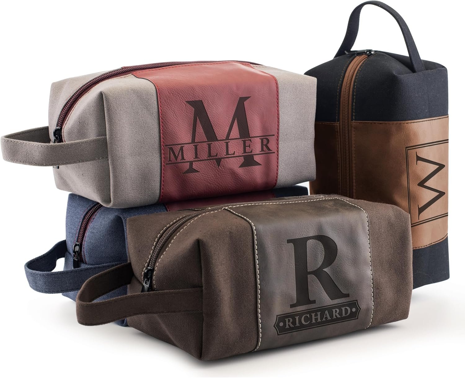 Private Label Mens Personalized Toiletry Bag Laser Engraved Initial and Name Custom Logo on Leather 4 Canvas Colors Waterproof Handcrafted Shaving Dopp Kit Travel Bag Manufacturer