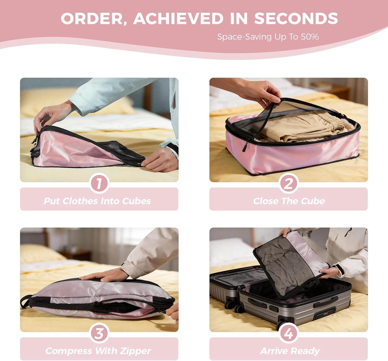 Private Label 8 Set Compression Packing Cubes for Pink Suitcase Travel Organizers with Laundry Bag and Custom Logo Hanging Toiletry Bag Airplane Road Cruise Luggage Essentials for Women from Manufacturer