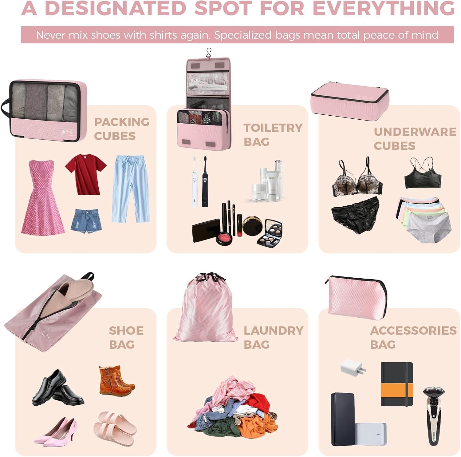 Private Label 8 Set Compression Packing Cubes for Pink Suitcase Travel Organizers with Laundry Bag and Custom Logo Hanging Toiletry Bag Airplane Road Cruise Luggage Essentials for Women from Manufacturer