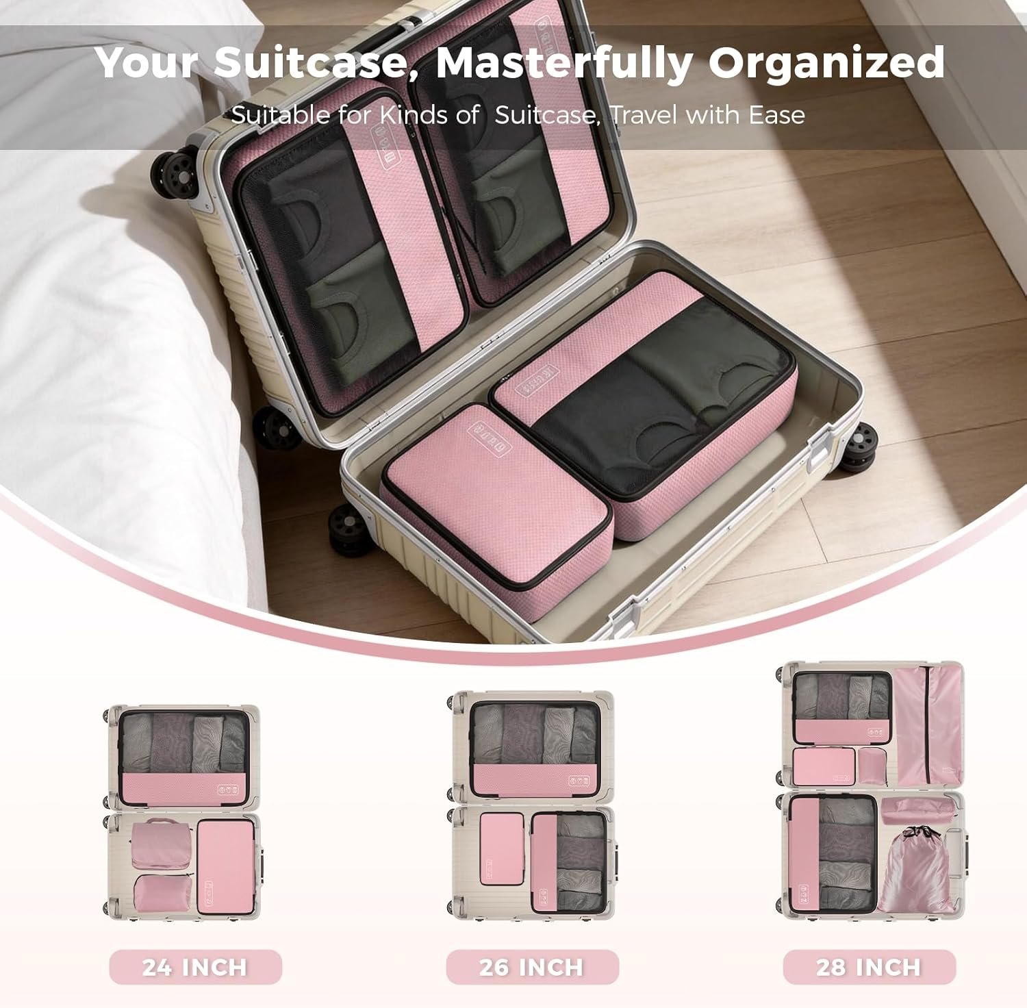 Private Label 8 Set Compression Packing Cubes for Pink Suitcase Travel Organizers with Laundry Bag and Custom Logo Hanging Toiletry Bag Airplane Road Cruise Luggage Essentials for Women from Manufacturer