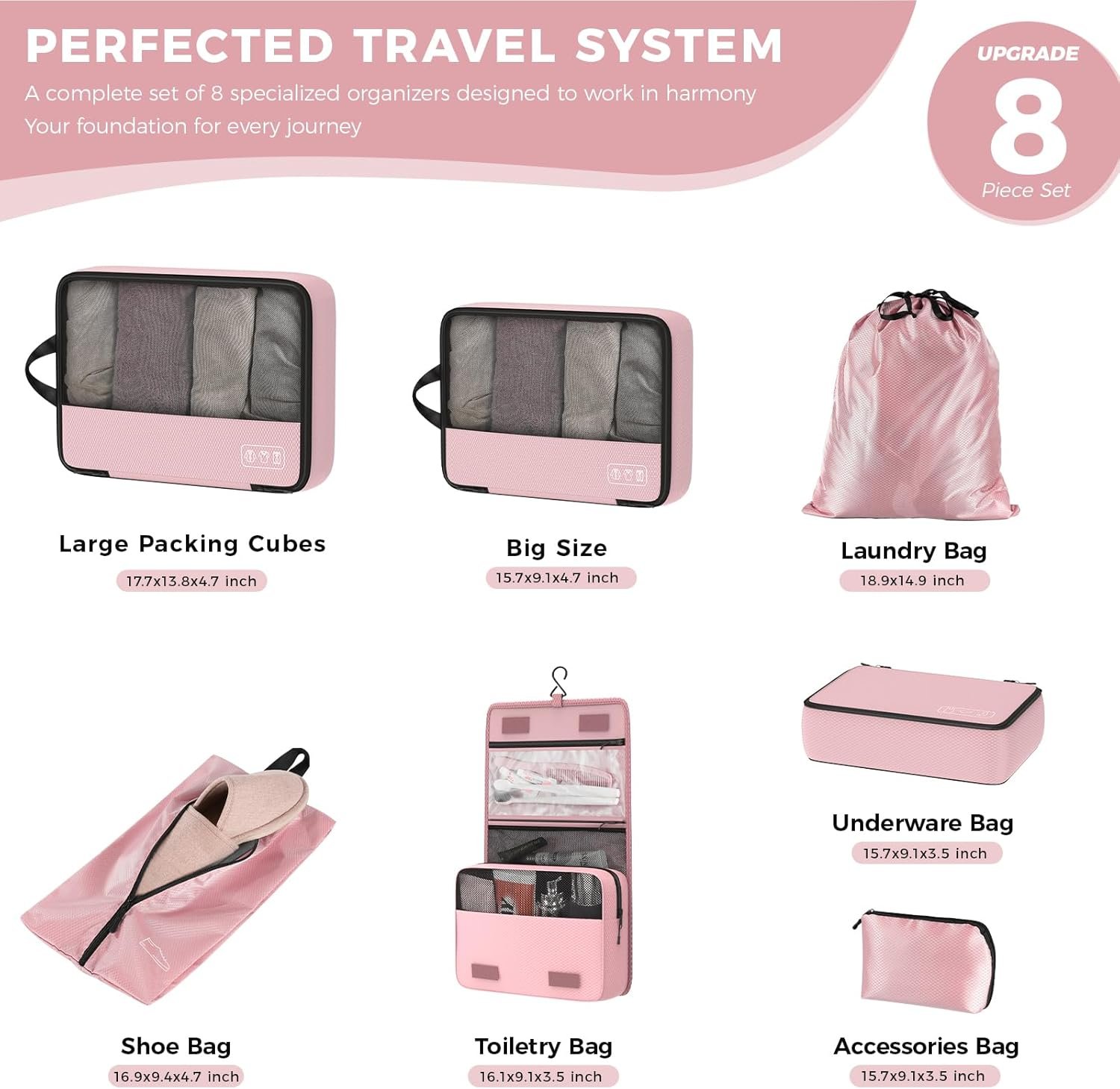 Private Label 8 Set Compression Packing Cubes for Pink Suitcase Travel Organizers with Laundry Bag and Custom Logo Hanging Toiletry Bag Airplane Road Cruise Luggage Essentials for Women from Manufacturer