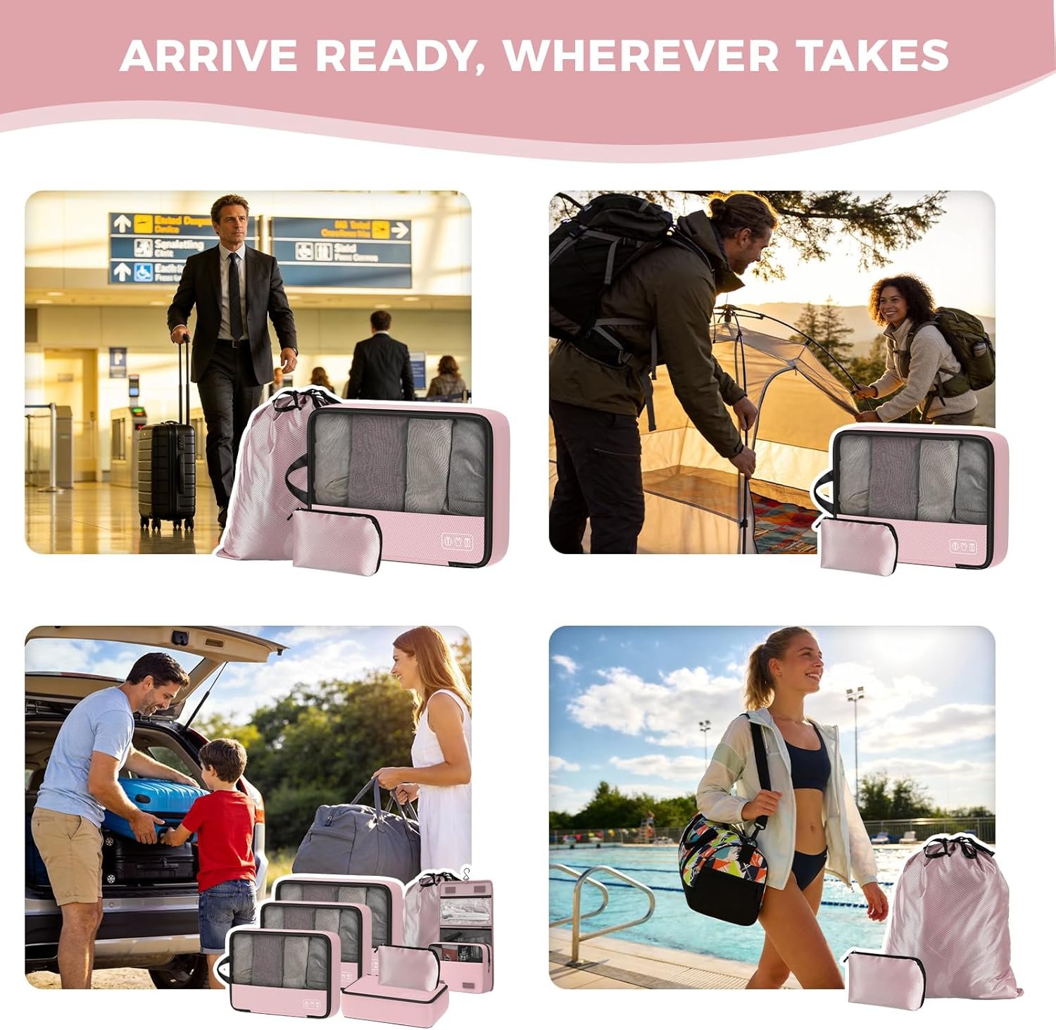 Private Label 8 Set Compression Packing Cubes for Pink Suitcase Travel Organizers with Laundry Bag and Custom Logo Hanging Toiletry Bag Airplane Road Cruise Luggage Essentials for Women from Manufacturer