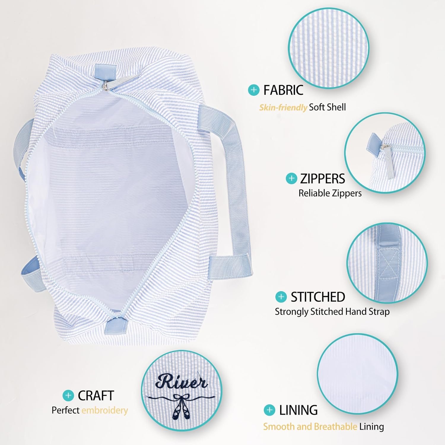 Custom Logo Personalized Seersucker Small Duffle Bag for Kids Overnight Duffel Toddler Weekender Travel Private Label Child Sports Gym Ballet Dance Light Blue Factory Custom Logo Personalized Seersucker Small Duffle Bag for Kids Overnight Duffel Toddler Weekender Travel Private Label Child Sports Gym Ballet Dance Light Blue Factory