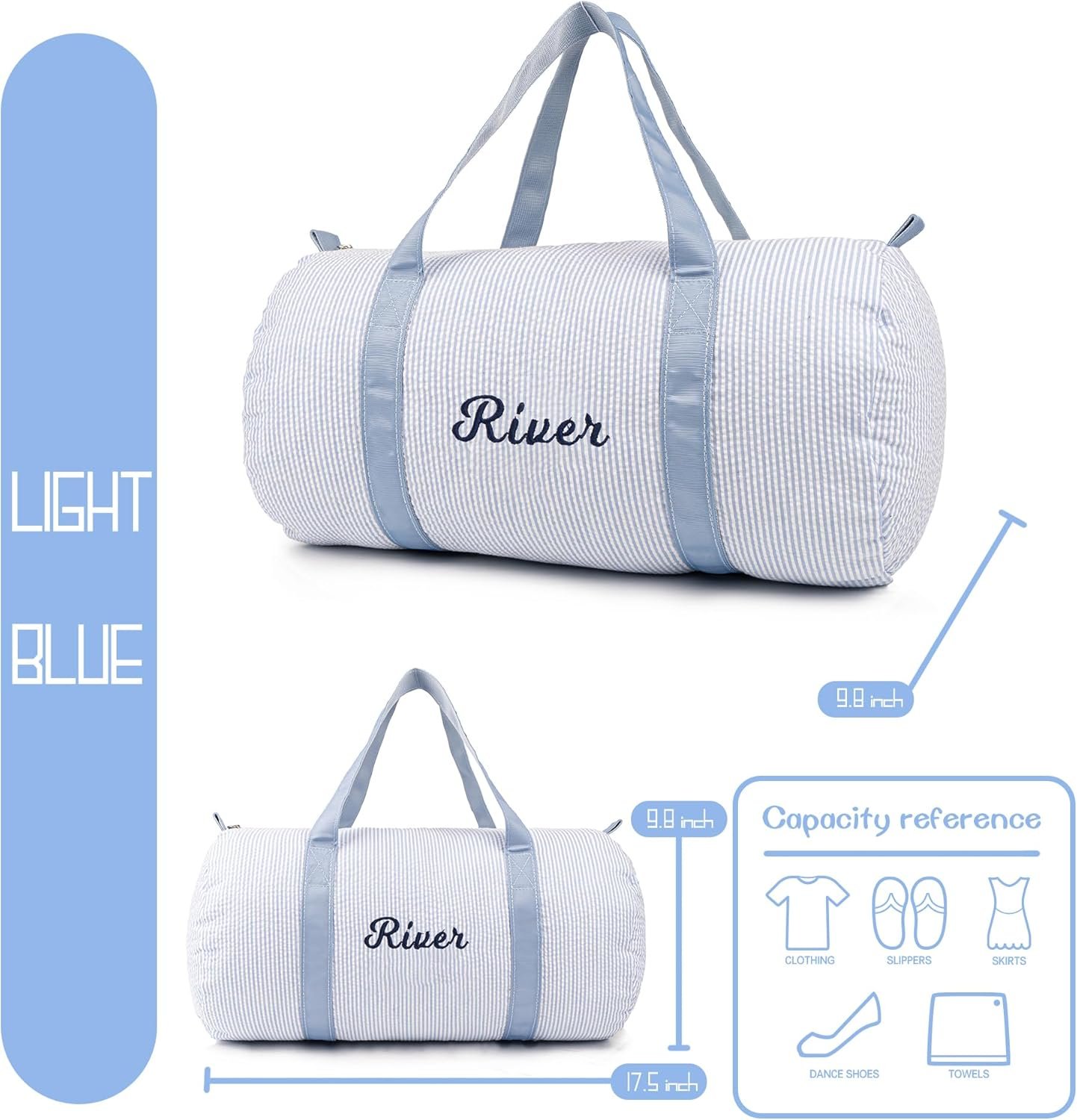 Custom Logo Personalized Seersucker Small Duffle Bag for Kids Overnight Duffel Toddler Weekender Travel Private Label Child Sports Gym Ballet Dance Light Blue Factory Custom Logo Personalized Seersucker Small Duffle Bag for Kids Overnight Duffel Toddler Weekender Travel Private Label Child Sports Gym Ballet Dance Light Blue Factory