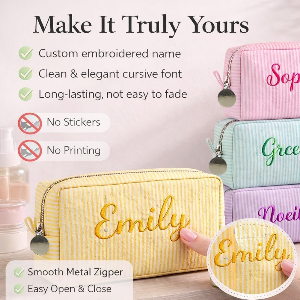 Private Label Seersucker Makeup Bag Custom Logo Personalized Embroidered Name Monogram Cosmetic Toiletry Pouch Manufacturer Private Label Seersucker Makeup Bag Custom Logo Personalized Embroidered Name Monogram Cosmetic Toiletry Pouch Manufacturer