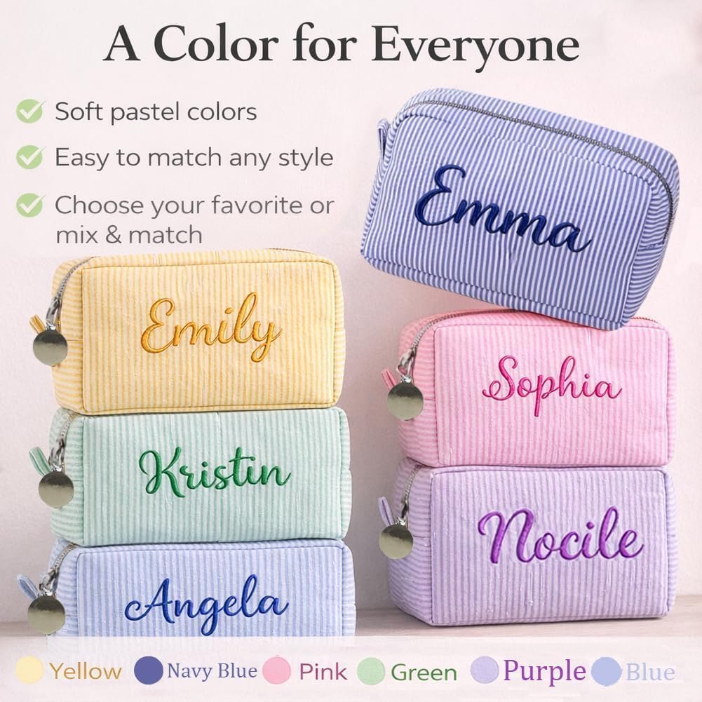 Private Label Seersucker Makeup Bag Custom Logo Personalized Embroidered Name Monogram Cosmetic Toiletry Pouch Manufacturer Private Label Seersucker Makeup Bag Custom Logo Personalized Embroidered Name Monogram Cosmetic Toiletry Pouch Manufacturer