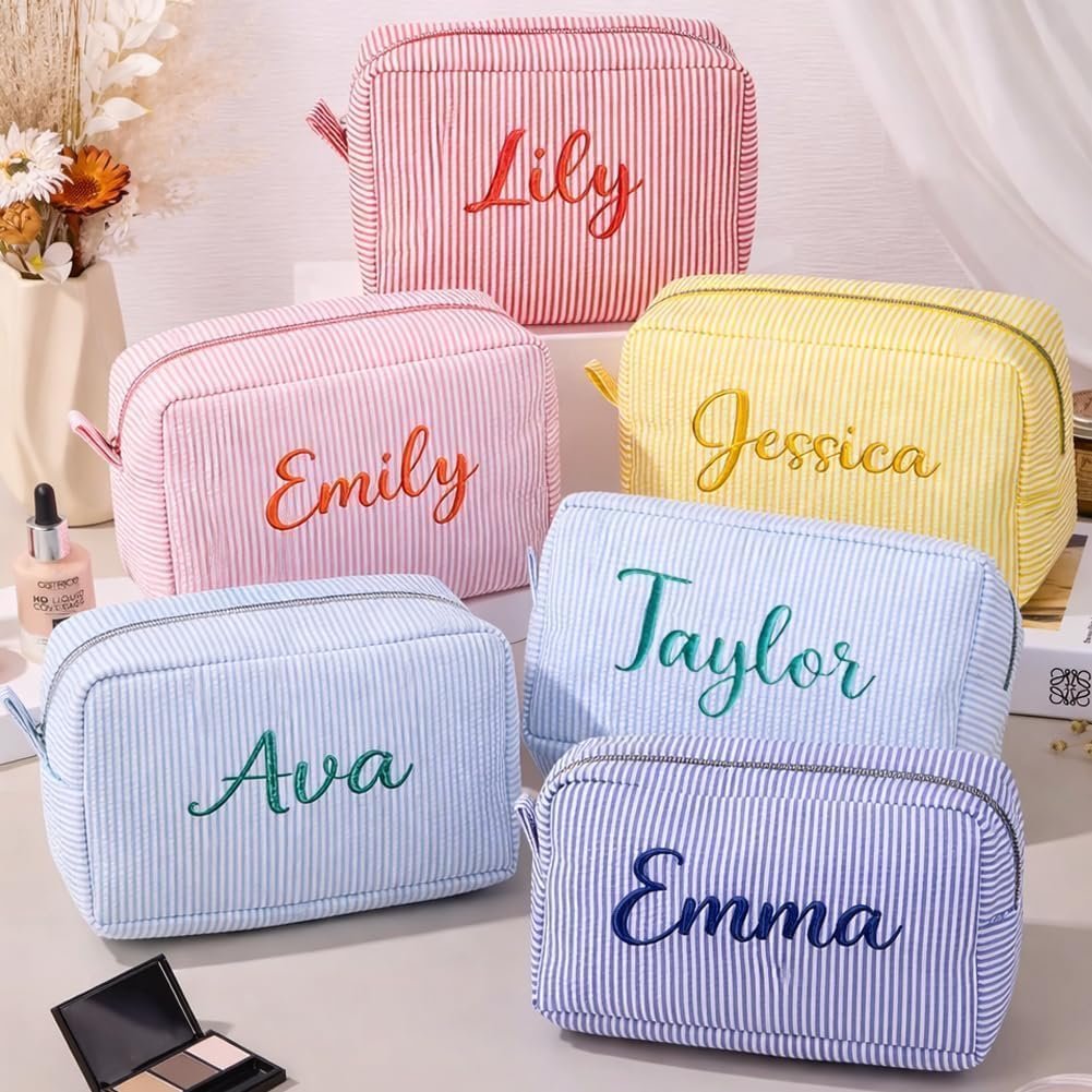 Private Label Seersucker Makeup Bag Custom Logo Personalized Embroidered Name Monogram Cosmetic Toiletry Pouch Manufacturer Private Label Seersucker Makeup Bag Custom Logo Personalized Embroidered Name Monogram Cosmetic Toiletry Pouch Manufacturer