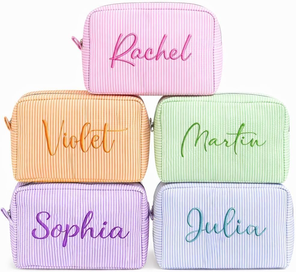 Private Label Seersucker Makeup Bag Custom Logo Personalized Embroidered Name Monogram Cosmetic Toiletry Pouch Manufacturer Private Label Seersucker Makeup Bag Custom Logo Personalized Embroidered Name Monogram Cosmetic Toiletry Pouch Manufacturer