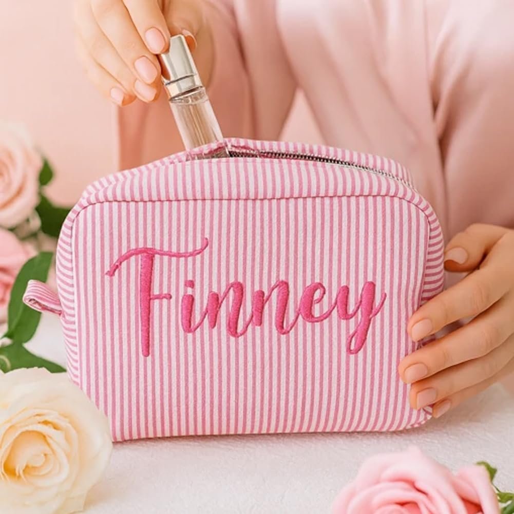 Private Label Seersucker Makeup Bag Custom Logo Personalized Embroidered Name Monogram Cosmetic Toiletry Pouch Manufacturer Private Label Seersucker Makeup Bag Custom Logo Personalized Embroidered Name Monogram Cosmetic Toiletry Pouch Manufacturer
