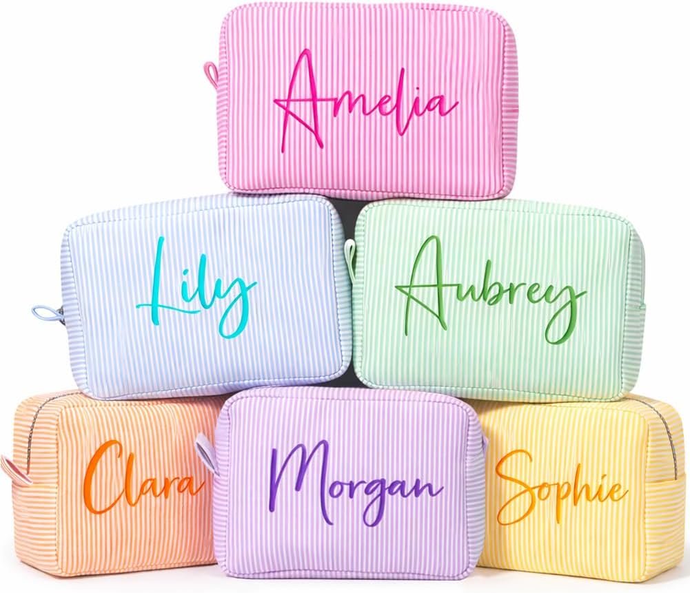 Private Label Seersucker Makeup Bag Custom Logo Personalized Embroidered Name Monogram Cosmetic Toiletry Pouch Manufacturer