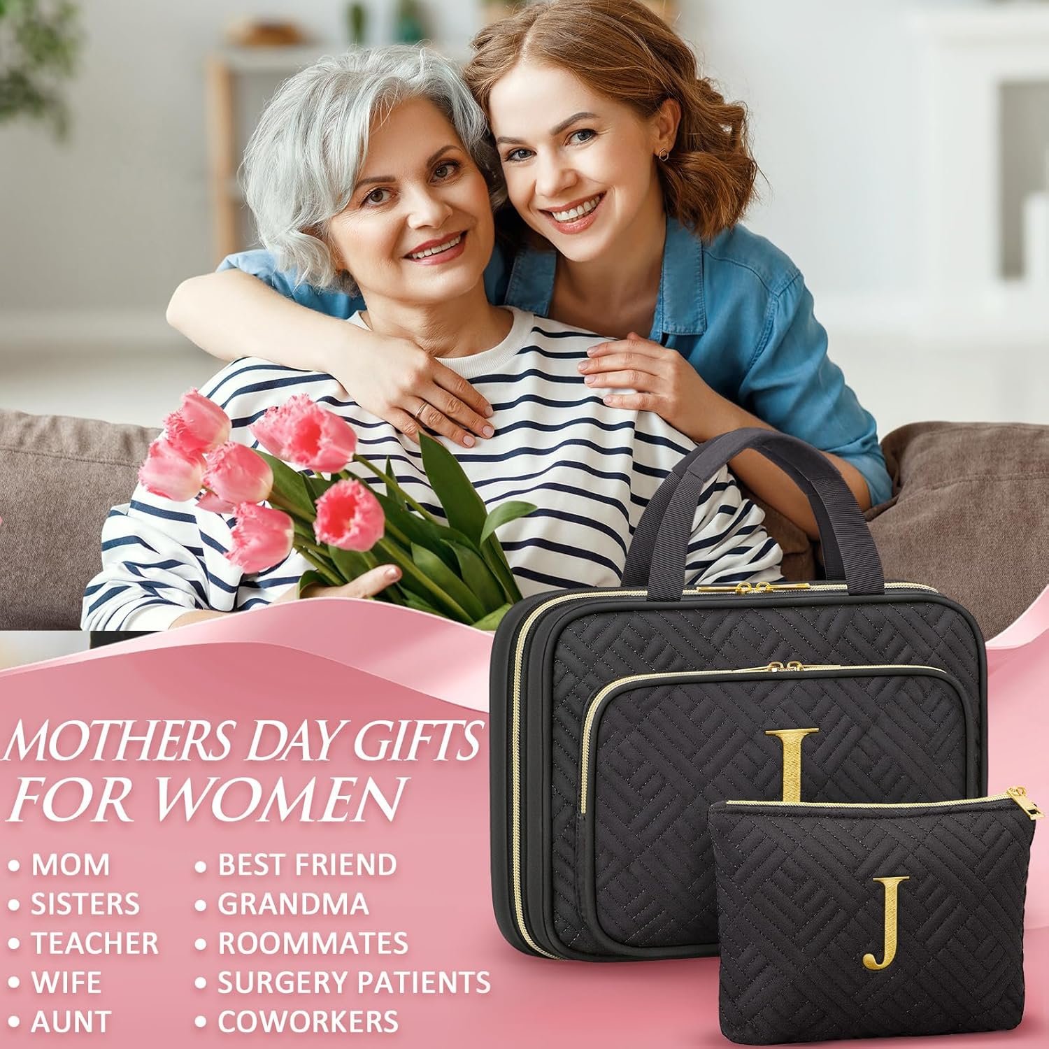 Custom Logo Initial Hanging Toiletry Makeup Bag Private Label Personalized Embroidery Letter Cosmetic Organizer Manufacturer Gifts for Women Nurse Teacher Appreciation Birthday Mom Sister Wife Friends Auntie Her