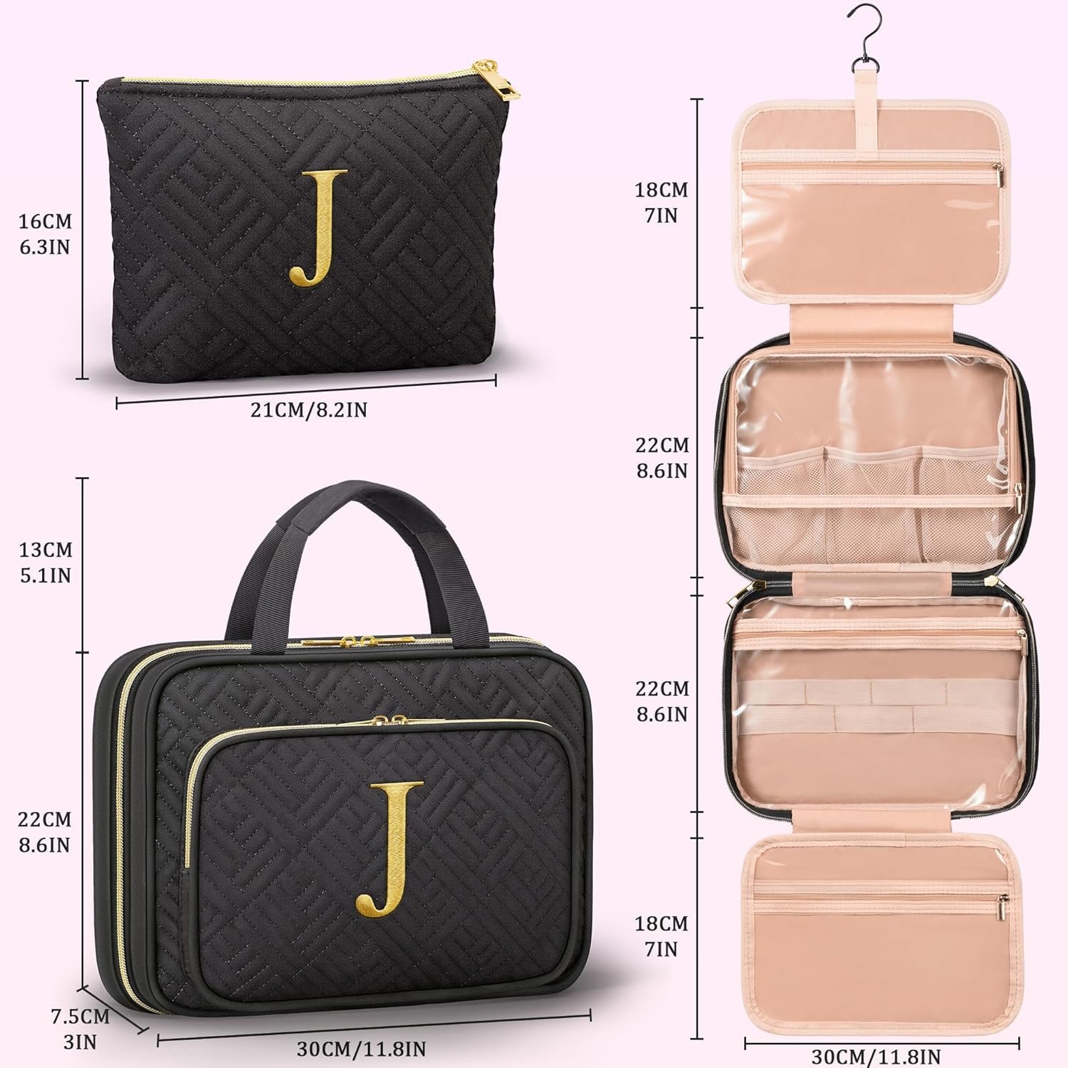 Custom Logo Initial Hanging Toiletry Makeup Bag Private Label Personalized Embroidery Letter Cosmetic Organizer Manufacturer Gifts for Women Nurse Teacher Appreciation Birthday Mom Sister Wife Friends Auntie Her