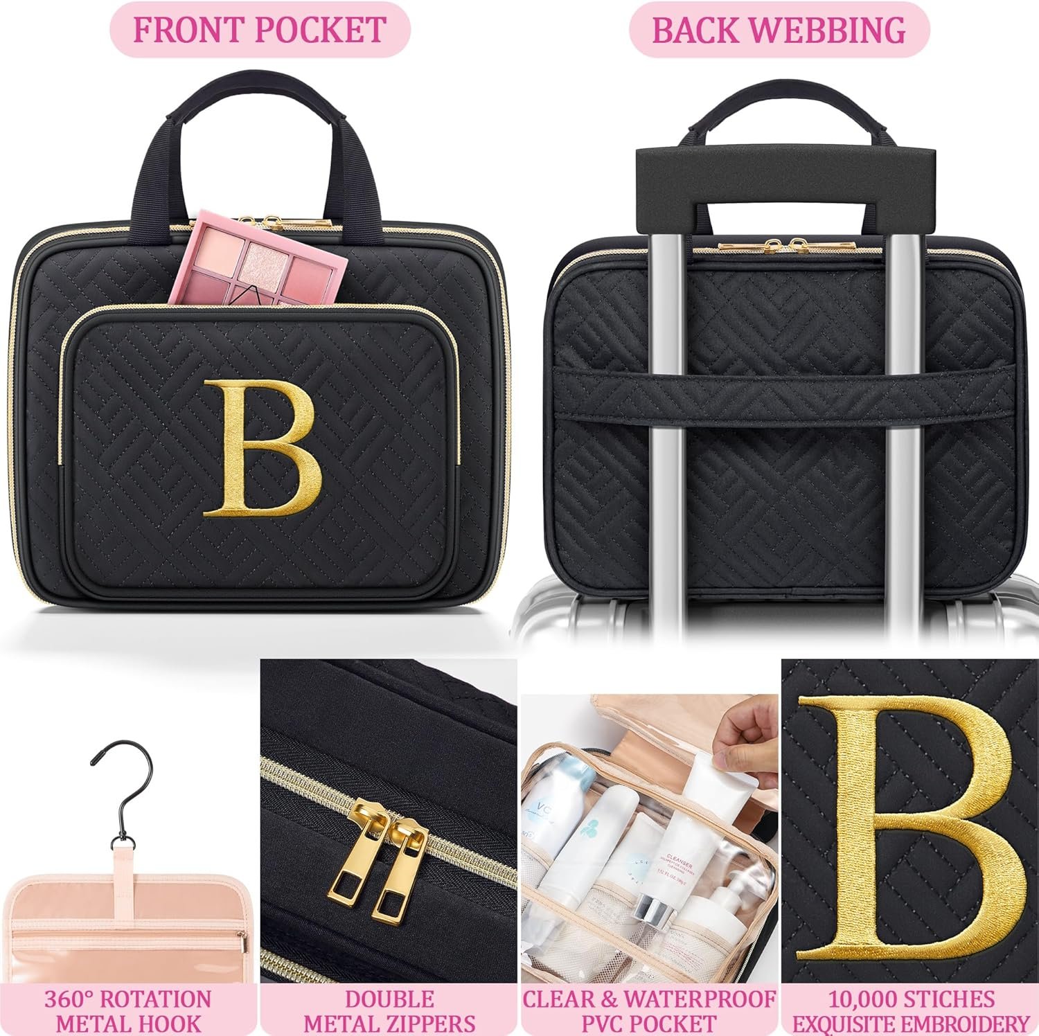 Custom Logo Initial Hanging Toiletry Makeup Bag Private Label Personalized Embroidery Letter Cosmetic Organizer Manufacturer Gifts for Women Nurse Teacher Appreciation Birthday Mom Sister Wife Friends Auntie Her