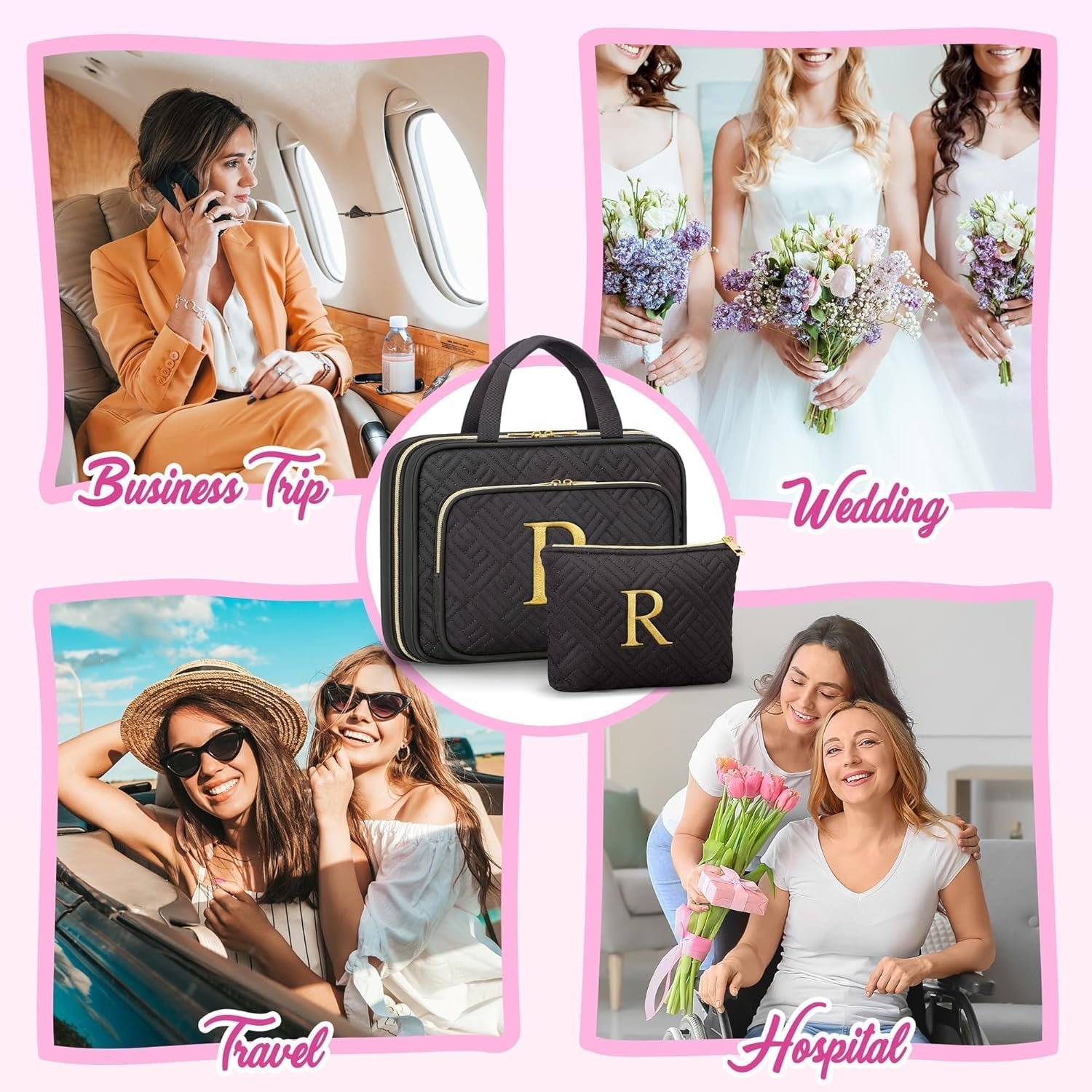 Custom Logo Initial Hanging Toiletry Makeup Bag Private Label Personalized Embroidery Letter Cosmetic Organizer Manufacturer Gifts for Women Nurse Teacher Appreciation Birthday Mom Sister Wife Friends Auntie Her