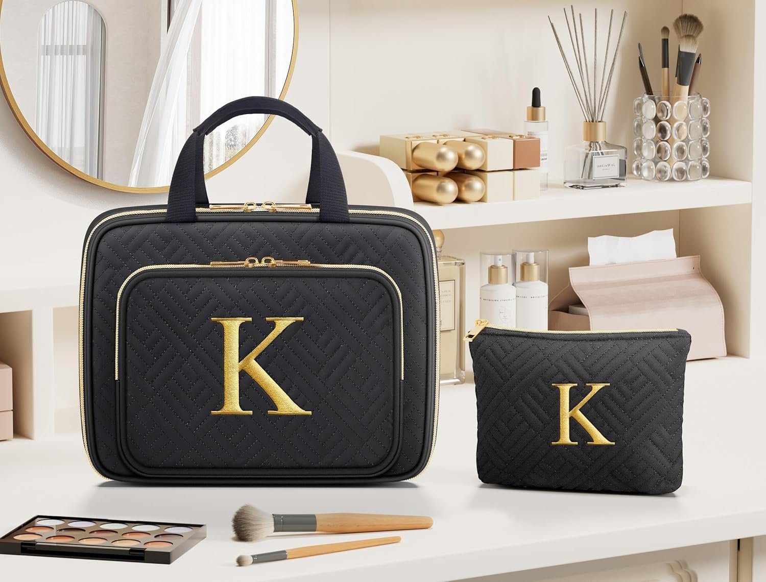 Custom Logo Initial Hanging Toiletry Makeup Bag Private Label Personalized Embroidery Letter Cosmetic Organizer Manufacturer Gifts for Women Nurse Teacher Appreciation Birthday Mom Sister Wife Friends Auntie Her