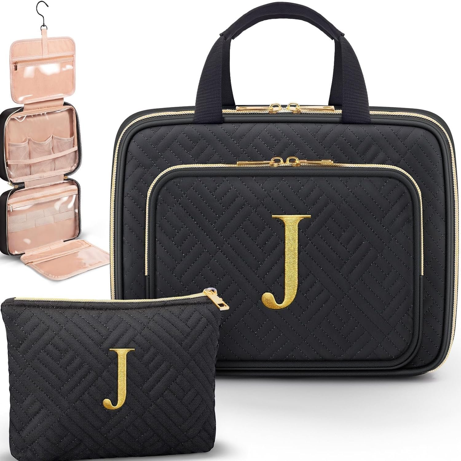 Custom Logo Initial Hanging Toiletry Makeup Bag Private Label Personalized Embroidery Letter Cosmetic Organizer Manufacturer Gifts for Women Nurse Teacher Appreciation Birthday Mom Sister Wife Friends Auntie Her