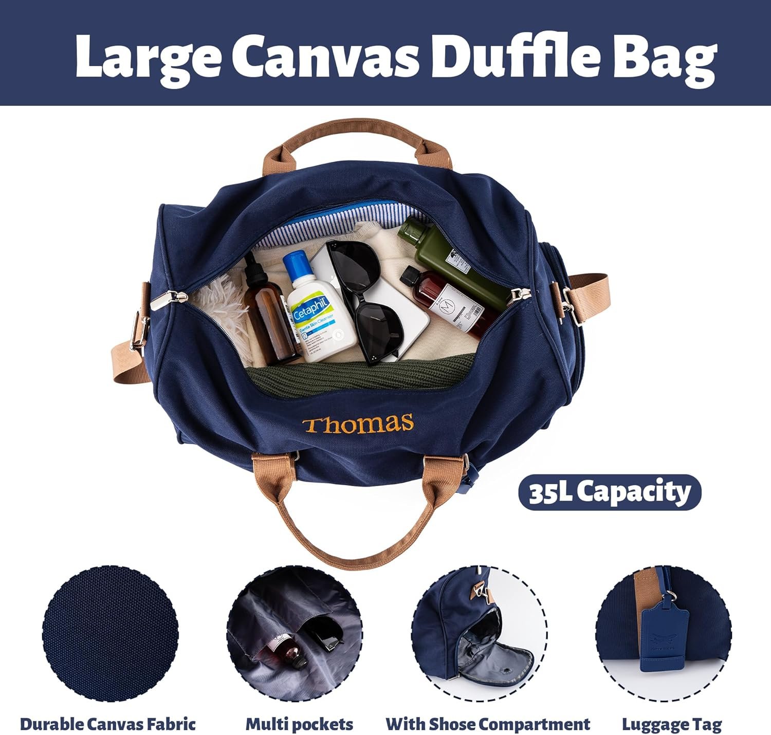 Custom Logo Travel Duffle Bag Set for Men and Boys Personalized Weekender Overnight Canvas Bag with Embroidered Name Private Label Toiletry and Shoe Compartment for Travel Trips Workouts Manufacturer (Blue)