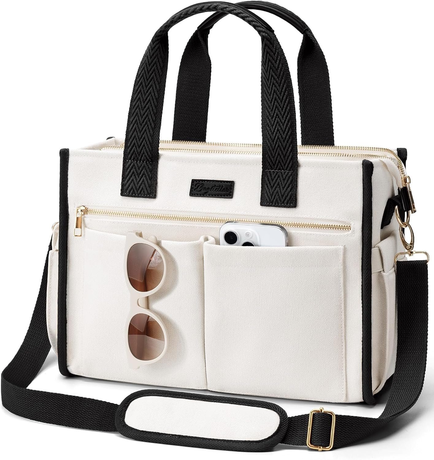 Factory Direct Canvas Tote Bag for Women 15-Pockets Work Laptop Tote Purse Large Crossbody Nurse Teacher Bible Bag School Travel Daily with Strap Zipper Multi Compartment Stand Upright Stably Private Label College Shoulder Clinical Nursing Bag Custom Logo