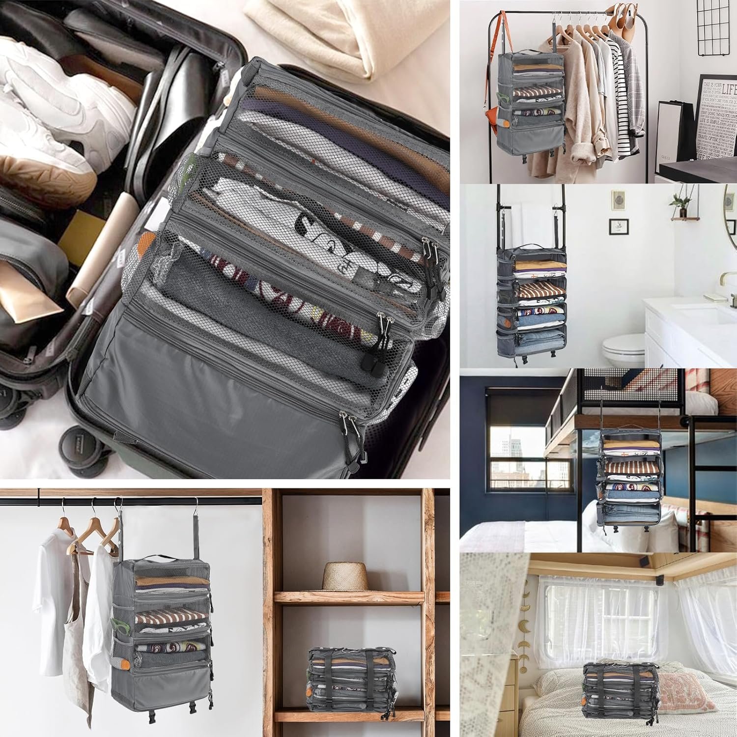 Private Label Portable Travel Hanging Luggage Suitcase Closet Organizer Custom Logo Multiple Compartments Collapsible Compression Packing Cubes Shelf Manufacturer LightGray M