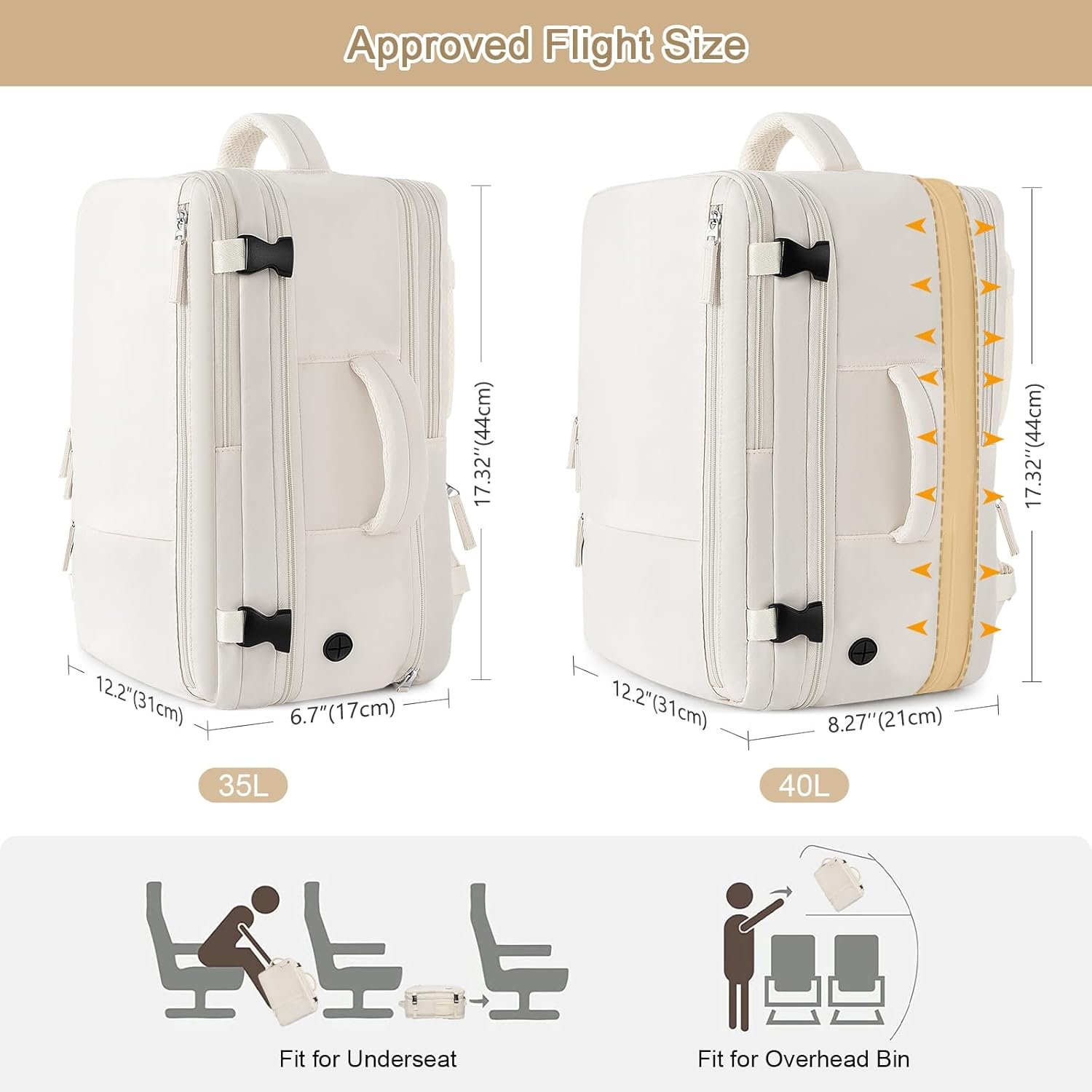Private Label Travel Backpack for Women Expandable 40L Carry-On Flight Approved with Custom Logo 17 Inch Laptop Waterproof Bag for College Travel Work Beige by Manufacturer