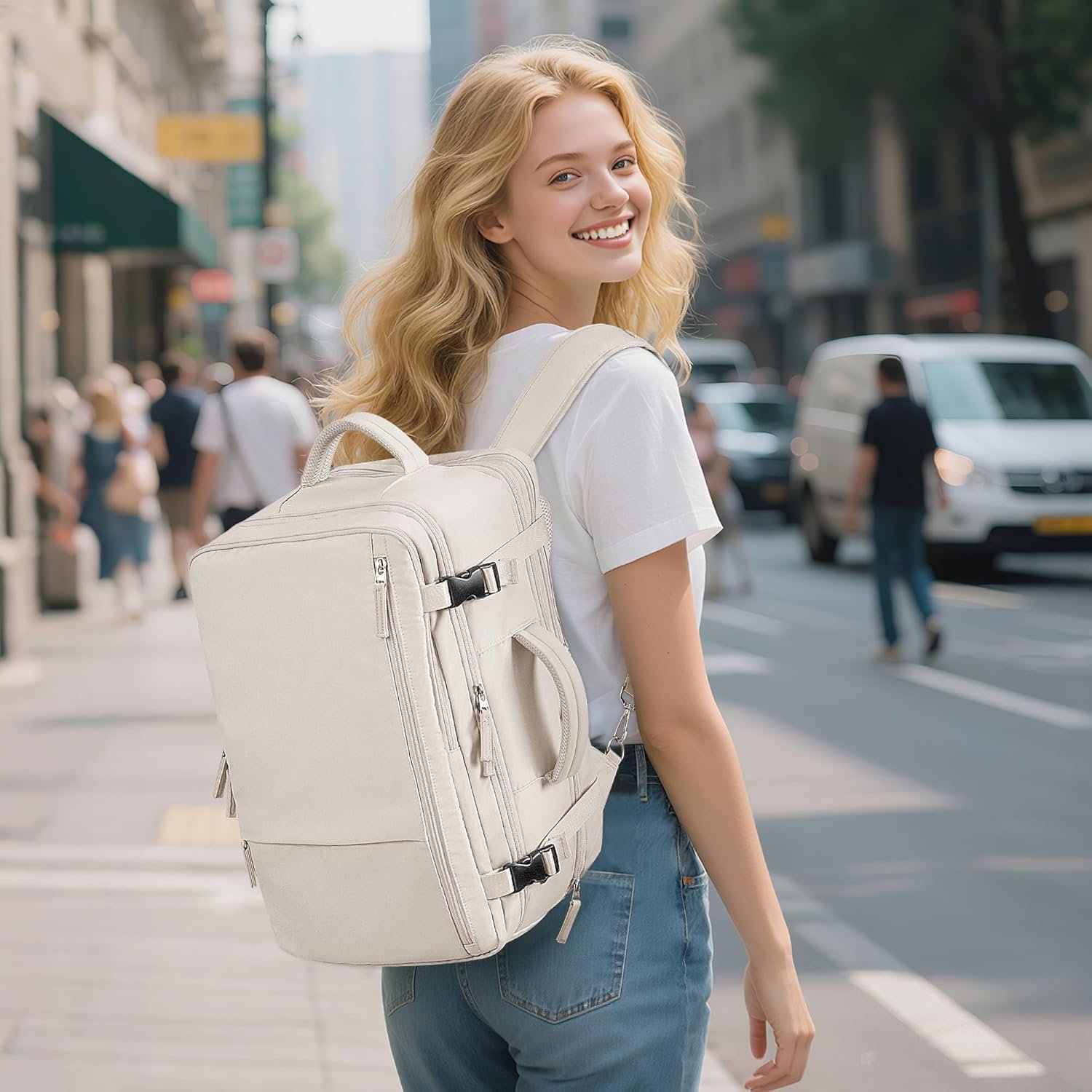 Private Label Travel Backpack for Women Expandable 40L Carry-On Flight Approved with Custom Logo 17 Inch Laptop Waterproof Bag for College Travel Work Beige by Manufacturer