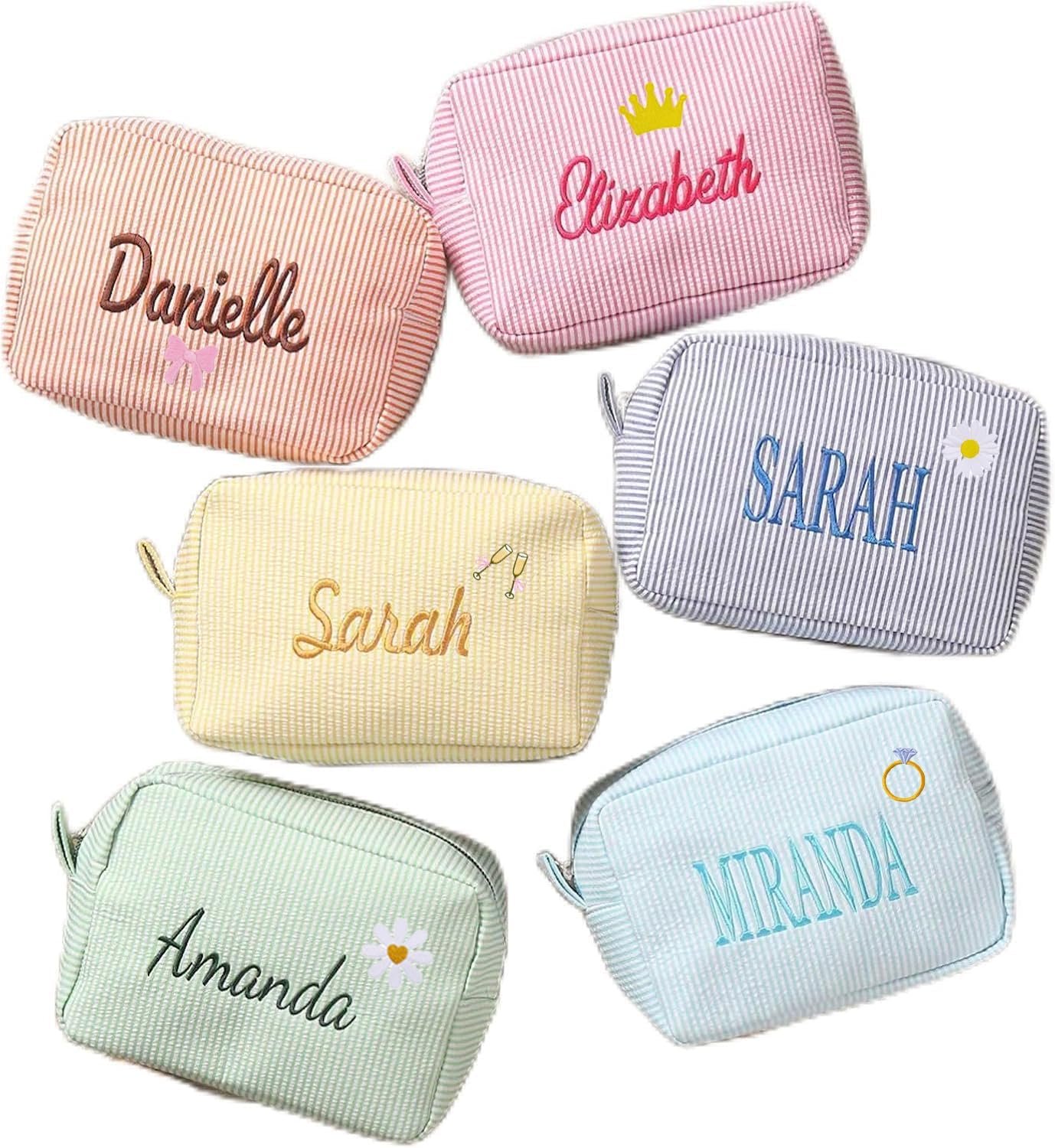 Custom Logo Personalized Cosmetic Bag with Name Private Label Makeup Organizer for Women Girls Seersucker Bridesmaid Travel Storage Pouch Cute Pattern Matching Bags Manufacturer