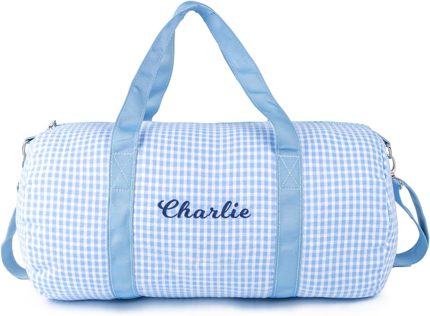 Custom Logo Personalized Toddler Weekender Duffle Bag with Name Blue Checkered Kids Travel Duffel Removable Strap Private Label Manufacturer Dance Ballet Baby Shower Birthday Gift