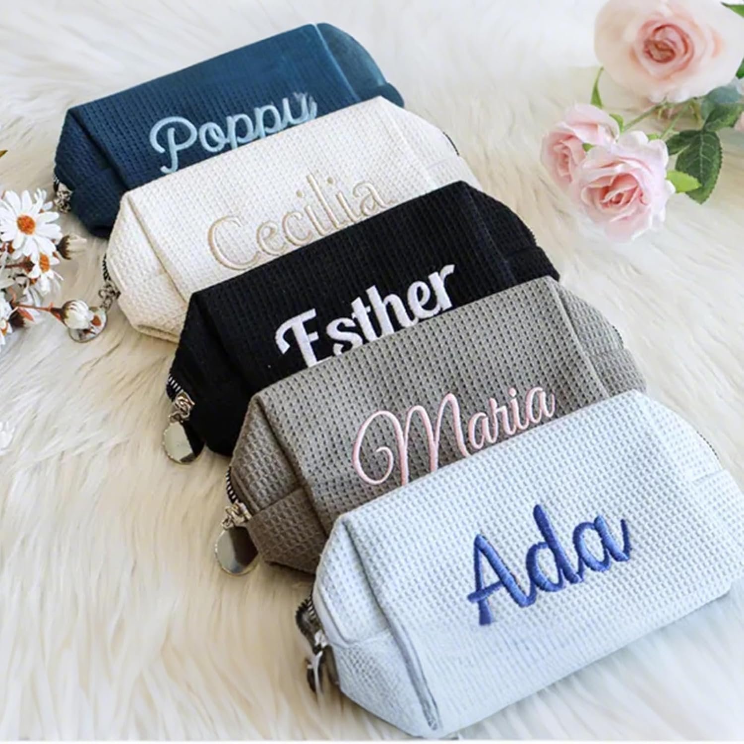 Custom Logo Personalized Embroidered Waffle Cosmetic Bags, Private Label Thickened Beauty Makeup Travel Pouches for Women Girls, Aesthetic Toiletry Cases by Manufacturer for Bridal Bridesmaid Birthday Wedding Gifts