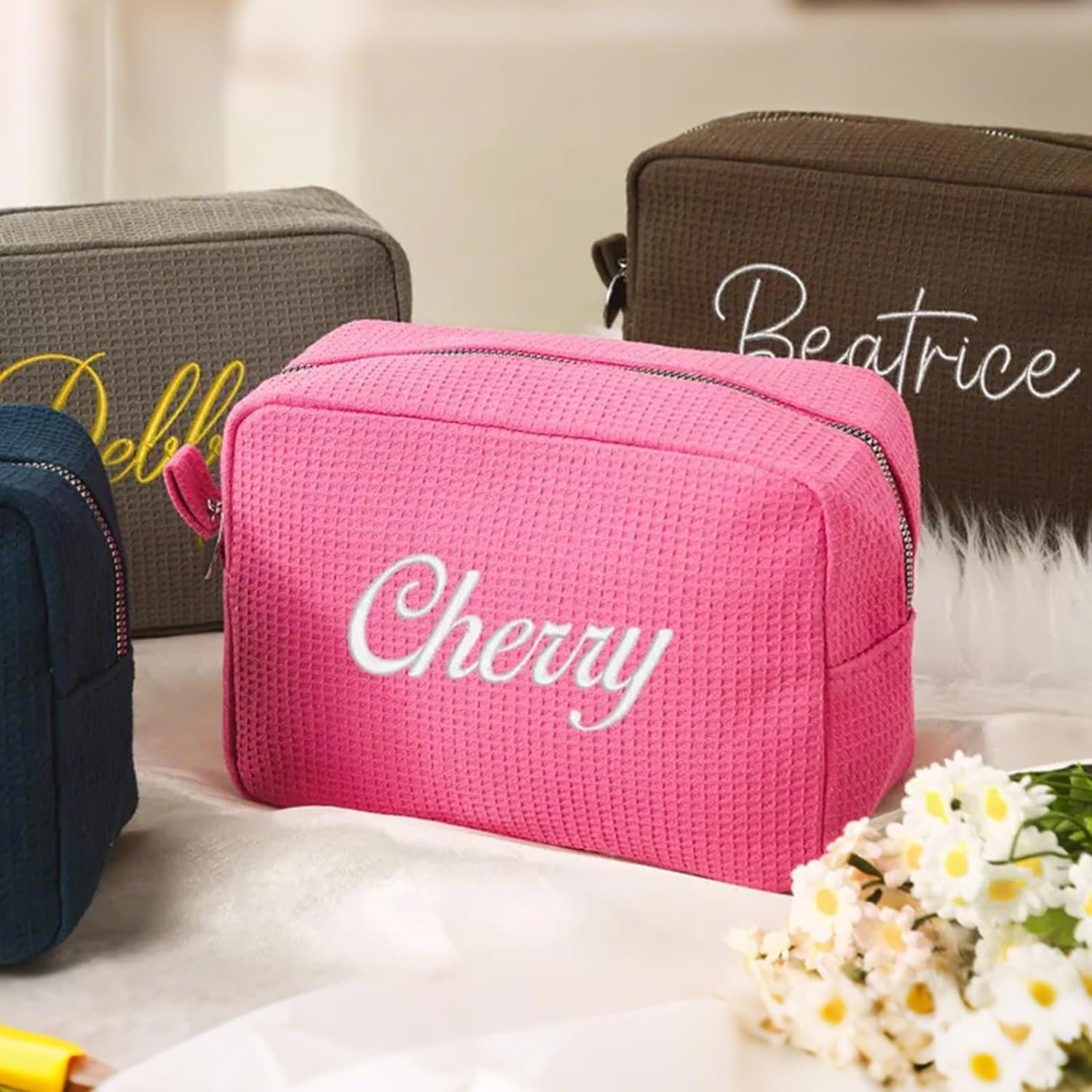 Custom Logo Personalized Embroidered Waffle Cosmetic Bags, Private Label Thickened Beauty Makeup Travel Pouches for Women Girls, Aesthetic Toiletry Cases by Manufacturer for Bridal Bridesmaid Birthday Wedding Gifts