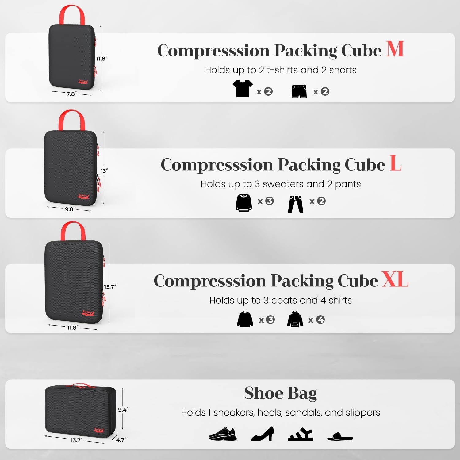 Manufacturer 11 Set Compression Packing Cubes for Travel Private Label Waterproof Organizer Set with Hanging Underwear & Toiletry Bag Shoe/Boot Bag Hair Tools Organizer Laundry Bag & Digital Pouch Custom Logo Black
