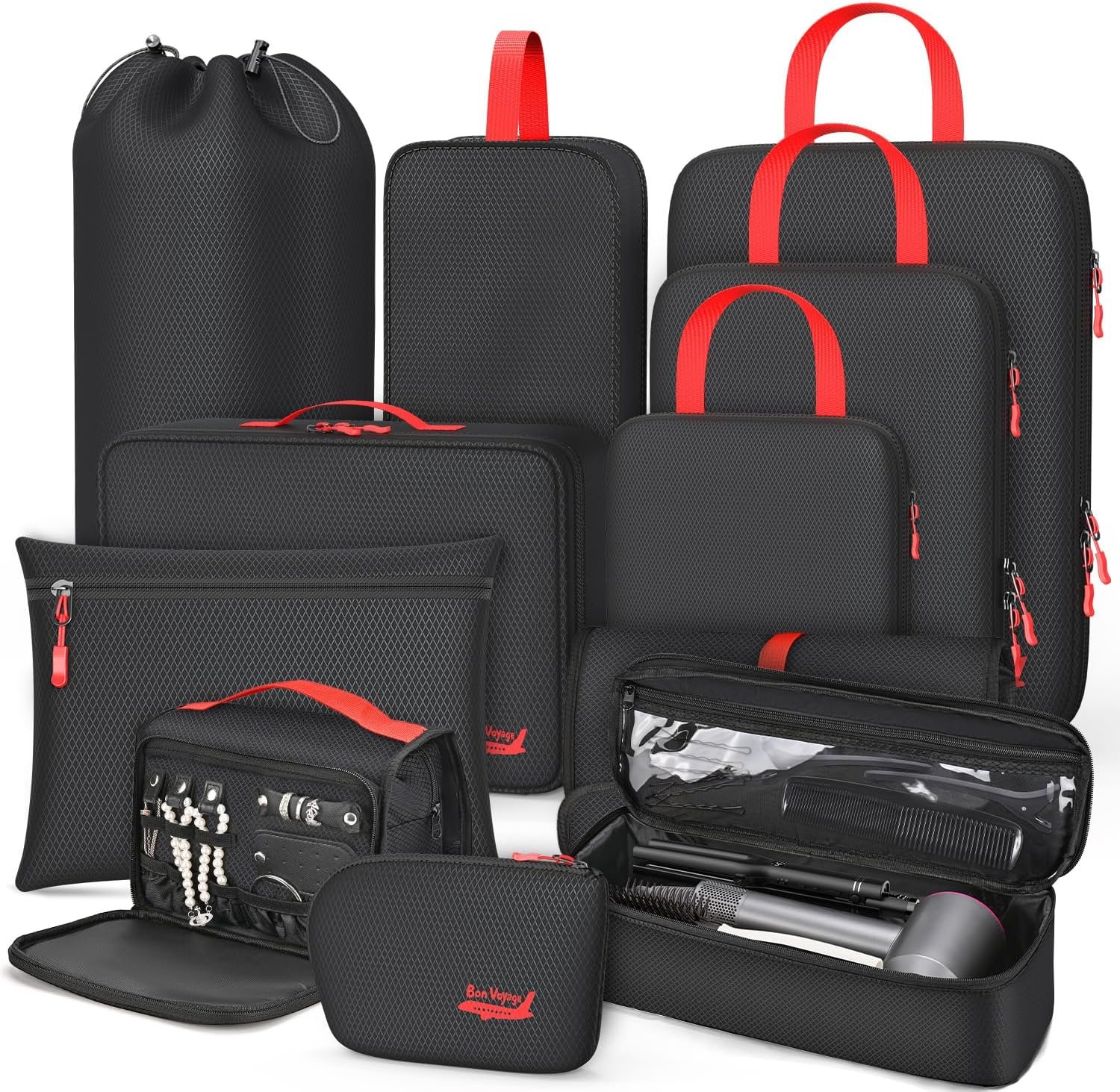 Manufacturer 11 Set Compression Packing Cubes for Travel Private Label Waterproof Organizer Set with Hanging Underwear & Toiletry Bag Shoe/Boot Bag Hair Tools Organizer Laundry Bag & Digital Pouch Custom Logo Black