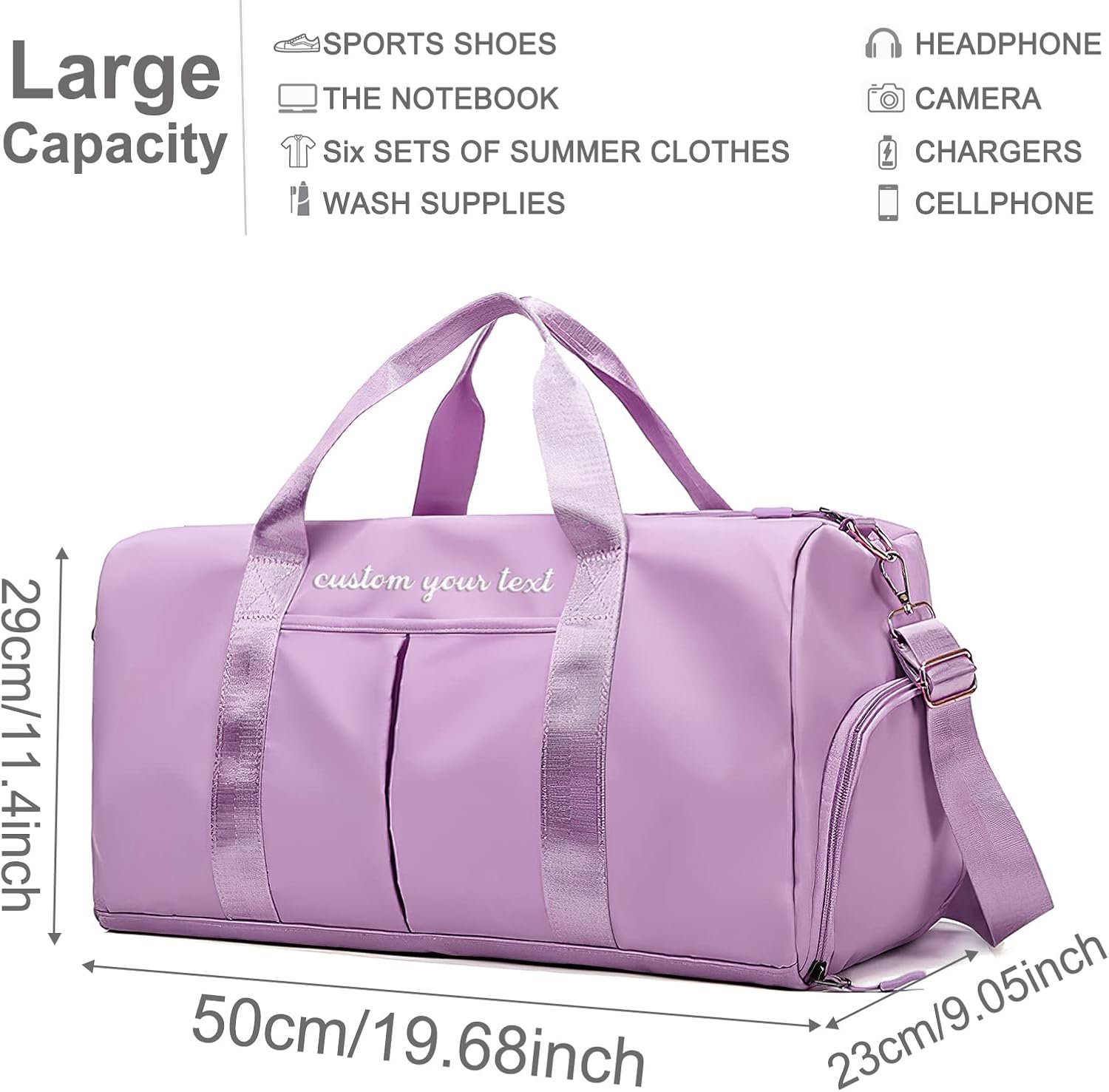 Private Label Personalized Duffel Bag Embroidered Name Sport Gym Travel with Custom Logo Wet Dry Pockets Shoe Compartment Weekend Overnight for Women Purple Manufacturer