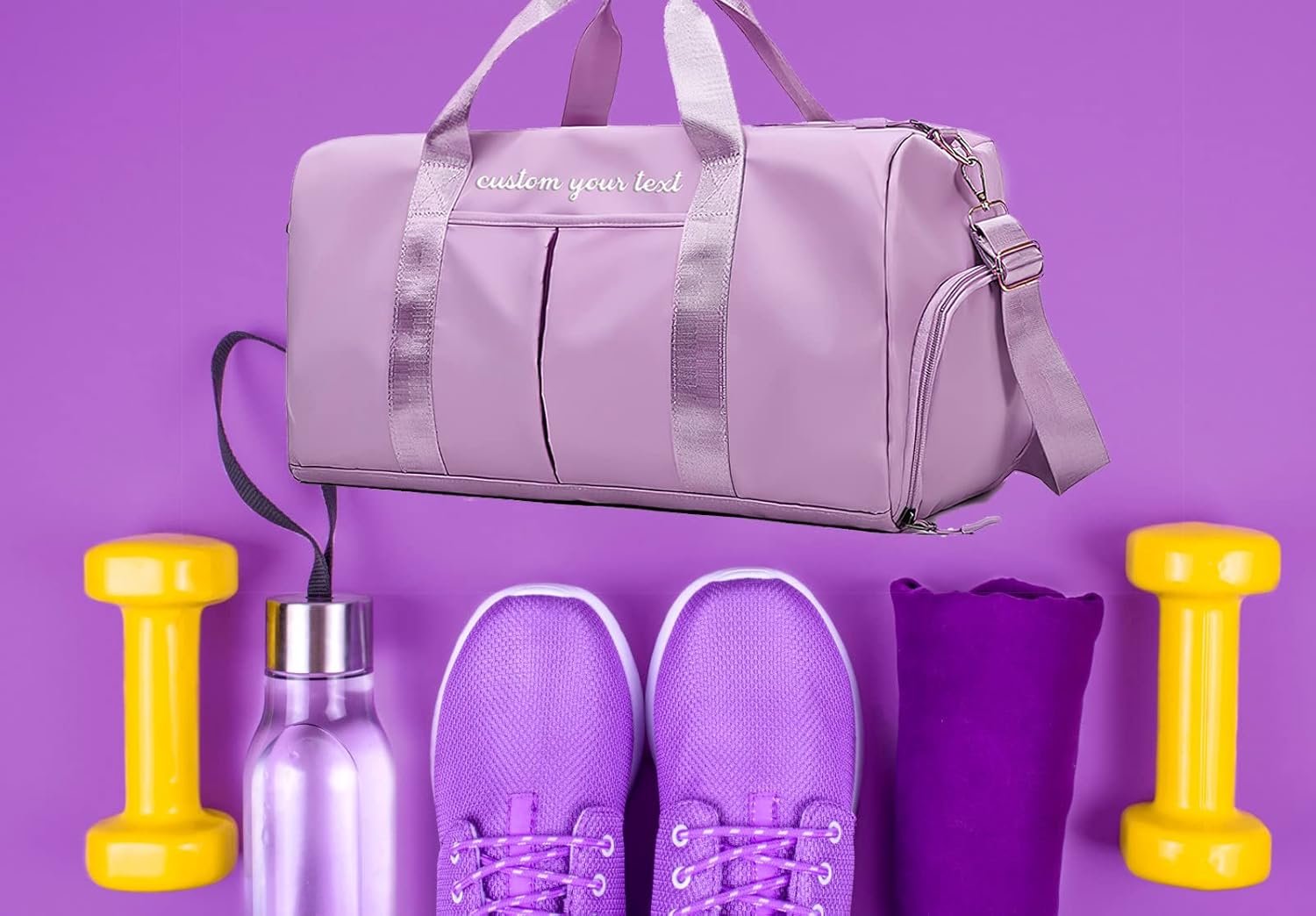 Private Label Personalized Duffel Bag Embroidered Name Sport Gym Travel with Custom Logo Wet Dry Pockets Shoe Compartment Weekend Overnight for Women Purple Manufacturer