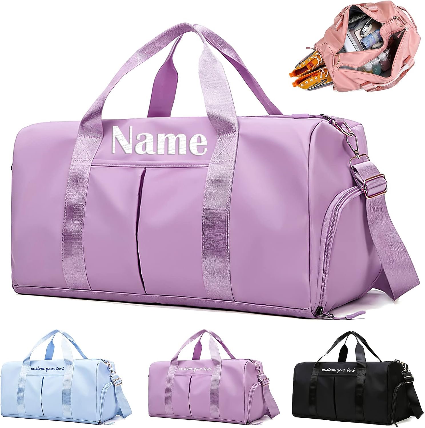Private Label Personalized Duffel Bag Embroidered Name Sport Gym Travel with Custom Logo Wet Dry Pockets Shoe Compartment Weekend Overnight for Women Purple Manufacturer