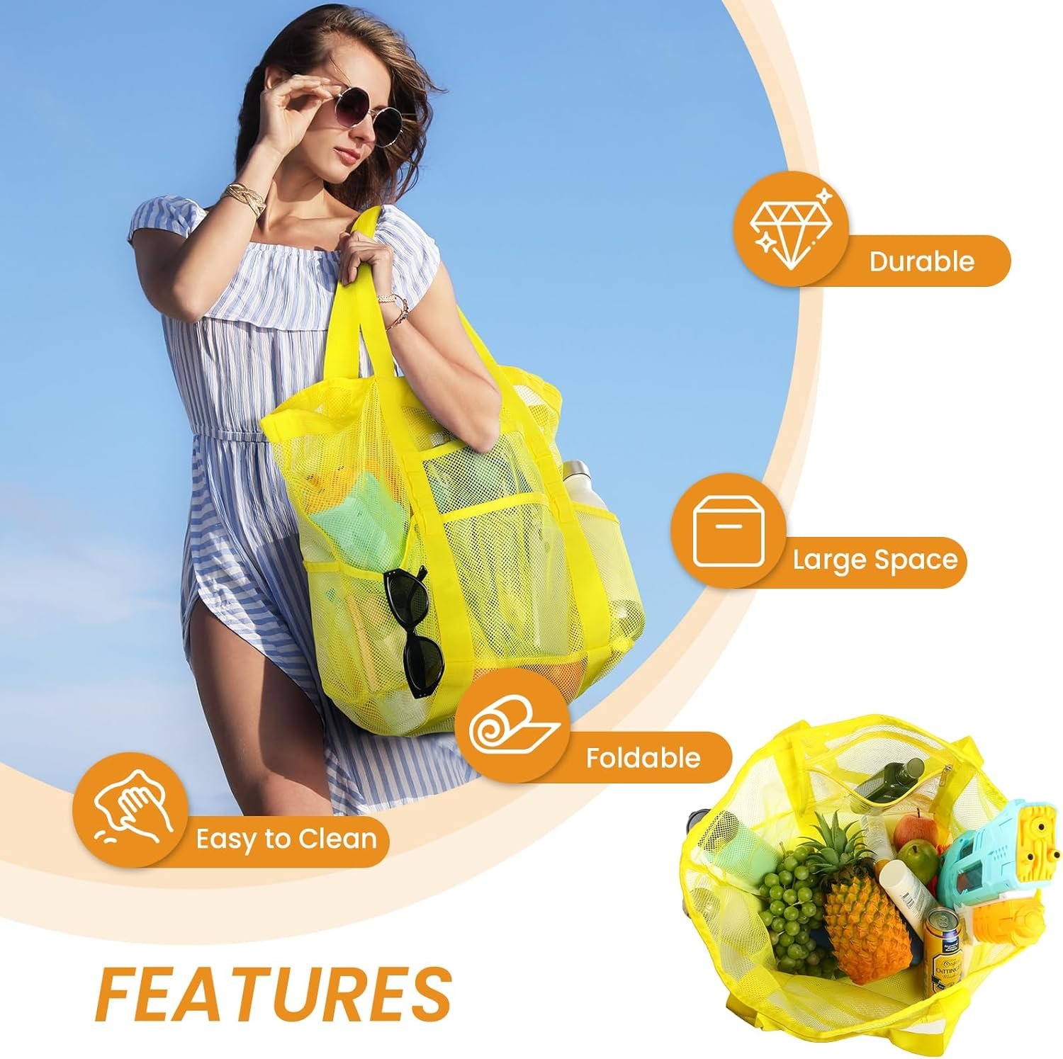 Private Label Custom Logo Large Mesh Beach Tote Manufacturer with Multi-Functional Pockets for Family Vacations