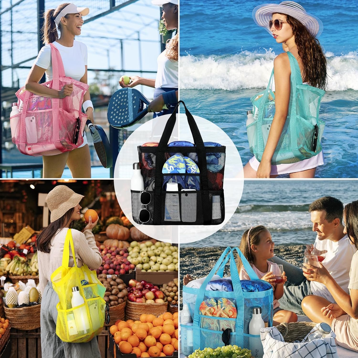 Private Label Custom Logo Large Mesh Beach Tote Manufacturer with Multi-Functional Pockets for Family Vacations