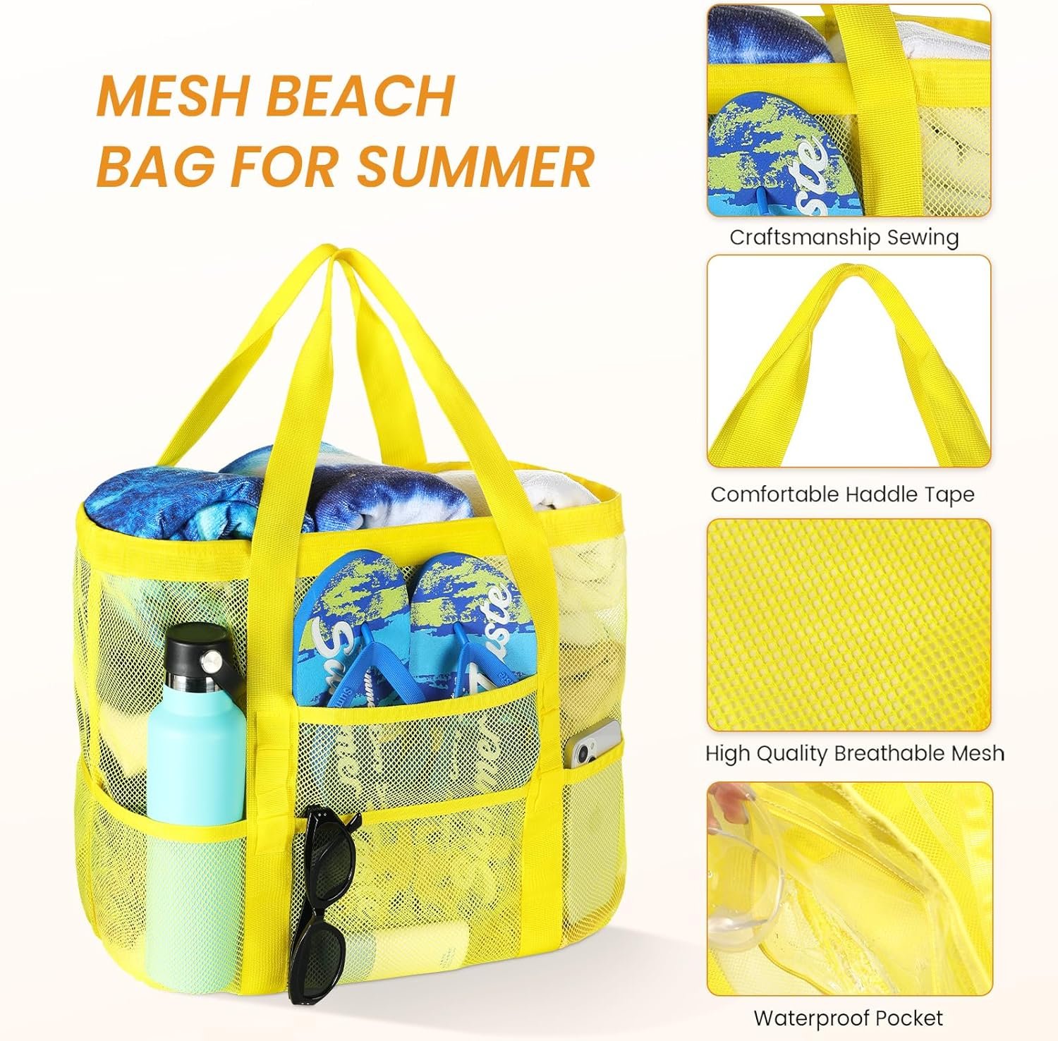 Private Label Custom Logo Large Mesh Beach Tote Manufacturer with Multi-Functional Pockets for Family Vacations
