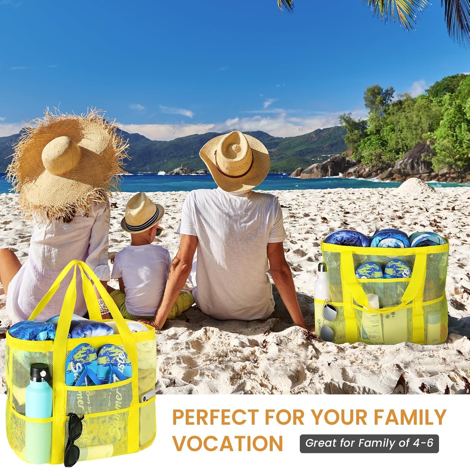 Private Label Custom Logo Large Mesh Beach Tote Manufacturer with Multi-Functional Pockets for Family Vacations