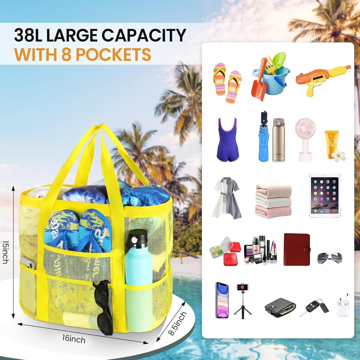 Private Label Custom Logo Large Mesh Beach Tote Manufacturer with Multi-Functional Pockets for Family Vacations