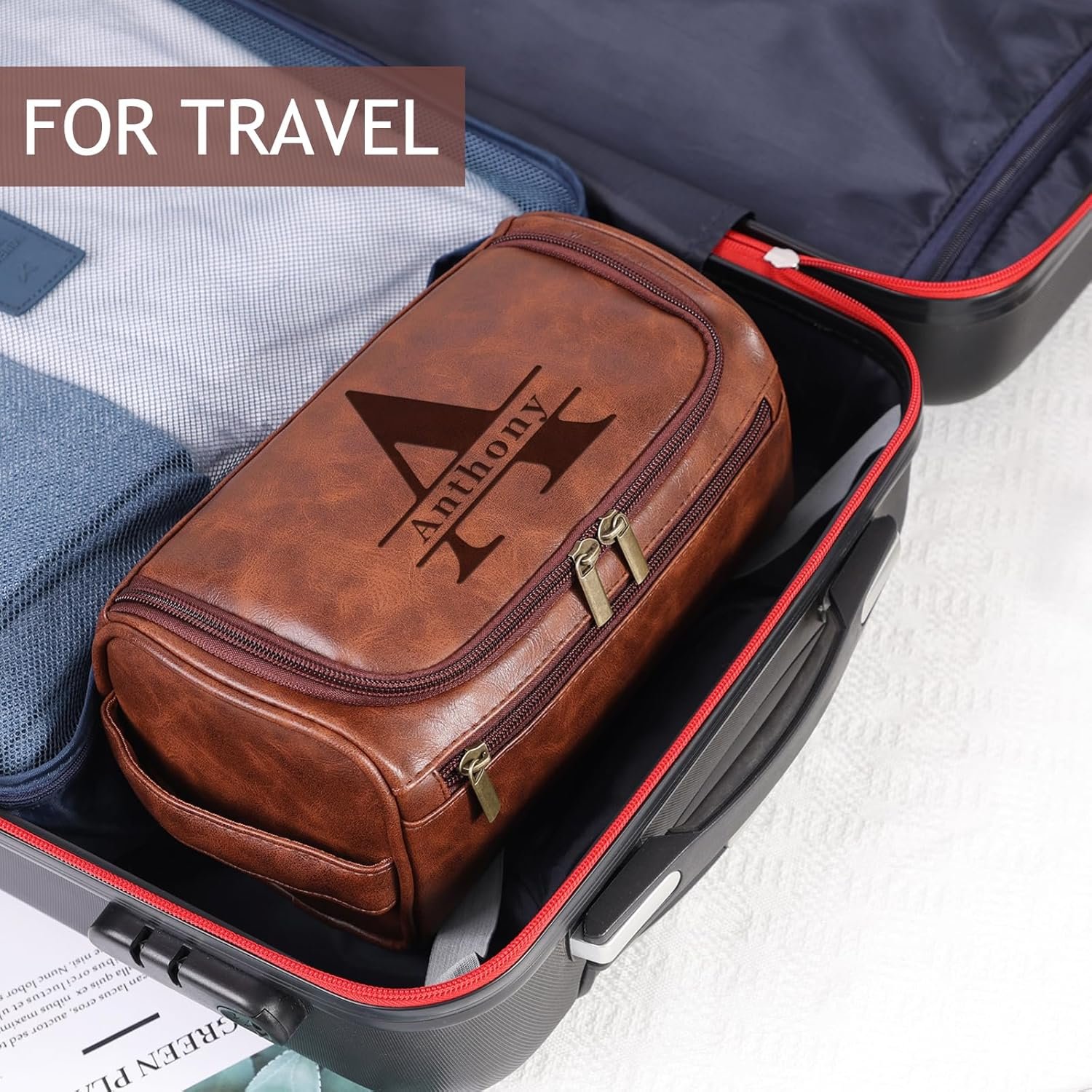 Private Label Personalized Leather Toiletry Bag for Men Custom Logo Engraved Travel Dopp Kit Customized Initials Gift for Groomsmen Wedding Birthday by Manufacturer