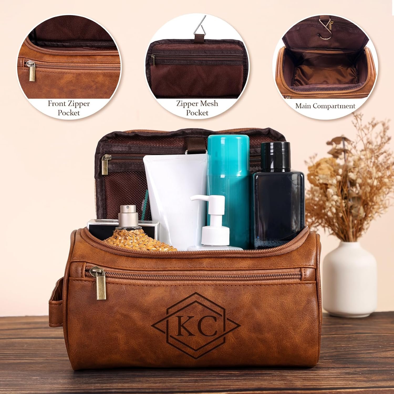 Private Label Personalized Leather Toiletry Bag for Men Custom Logo Engraved Travel Dopp Kit Customized Initials Gift for Groomsmen Wedding Birthday by Manufacturer