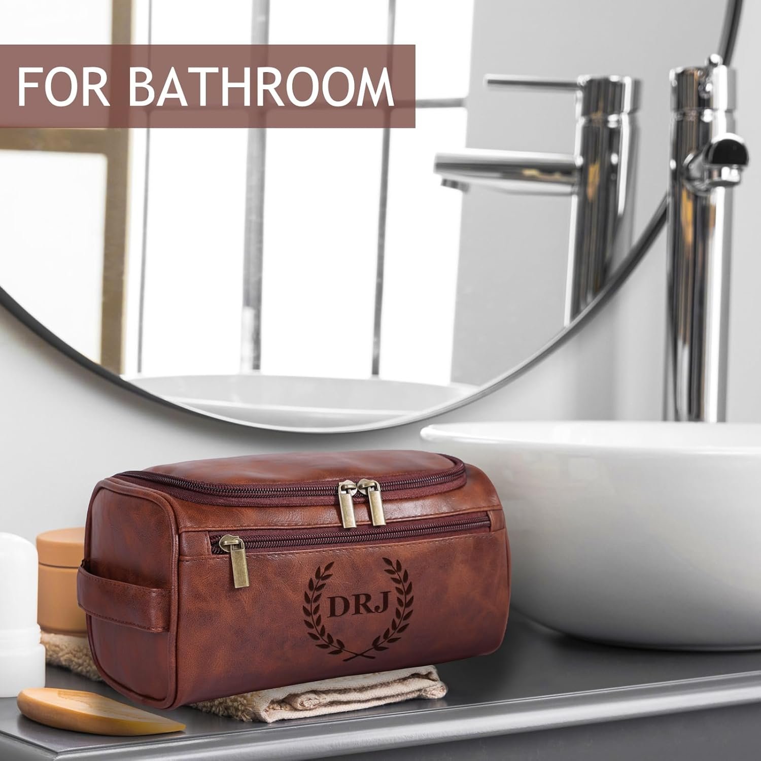 Private Label Personalized Leather Toiletry Bag for Men Custom Logo Engraved Travel Dopp Kit Customized Initials Gift for Groomsmen Wedding Birthday by Manufacturer