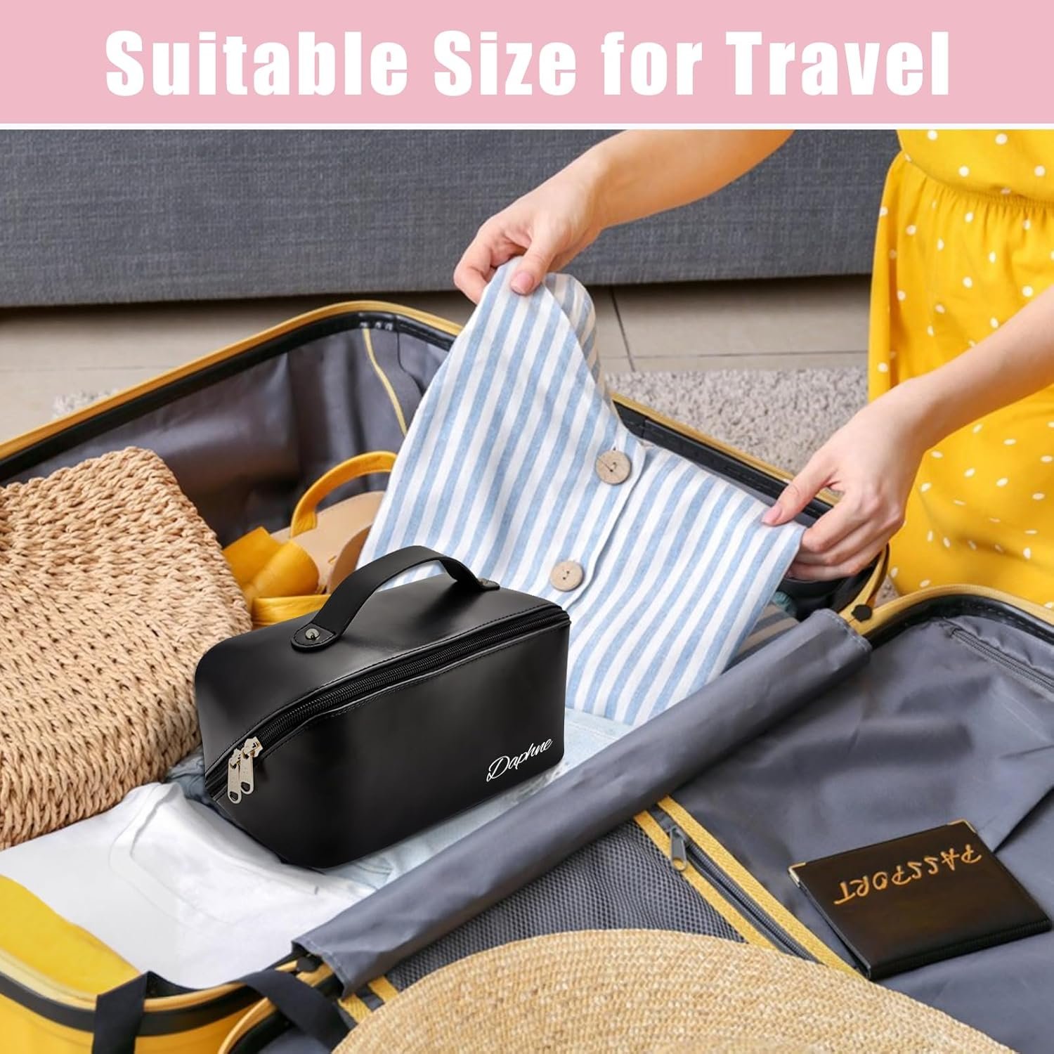 Custom Logo Large Capacity Personalized Travel Makeup Bag Factory Customized PU Leather Cosmetic Toiletry Bag for Women with Printed Name Initials Wide Open Portable Pouch Divider Handle Private Label Mothers Day Gift