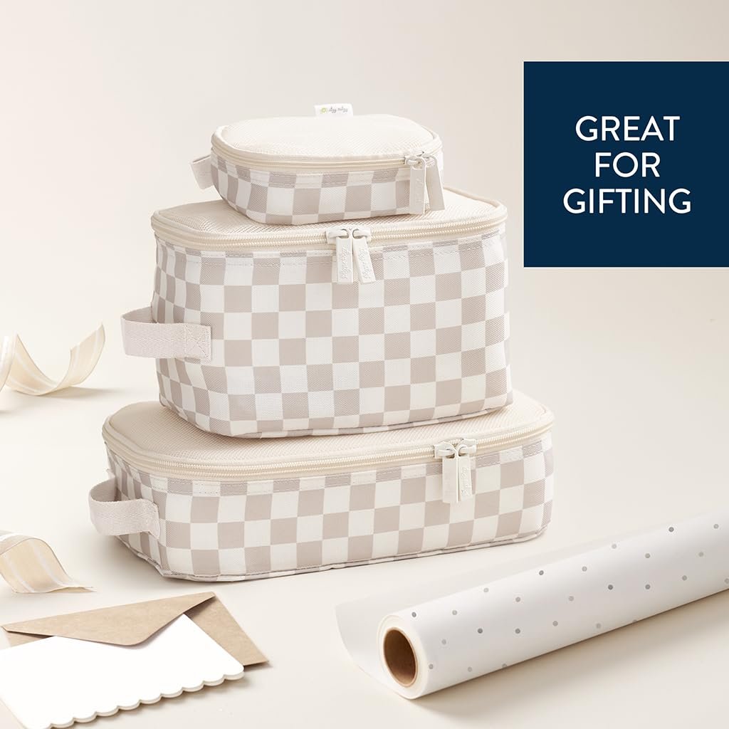 Private Label Packing Cubes for Travel with Custom Logo - Set of 3 Organizers Featuring Mesh Top Double Zippers and Fabric Handle in Checkerboard from Manufacturer Private Label Packing Cubes for Travel with Custom Logo - Set of 3 Organizers Featuring Mesh Top Double Zippers and Fabric Handle in Checkerboard from Manufacturer