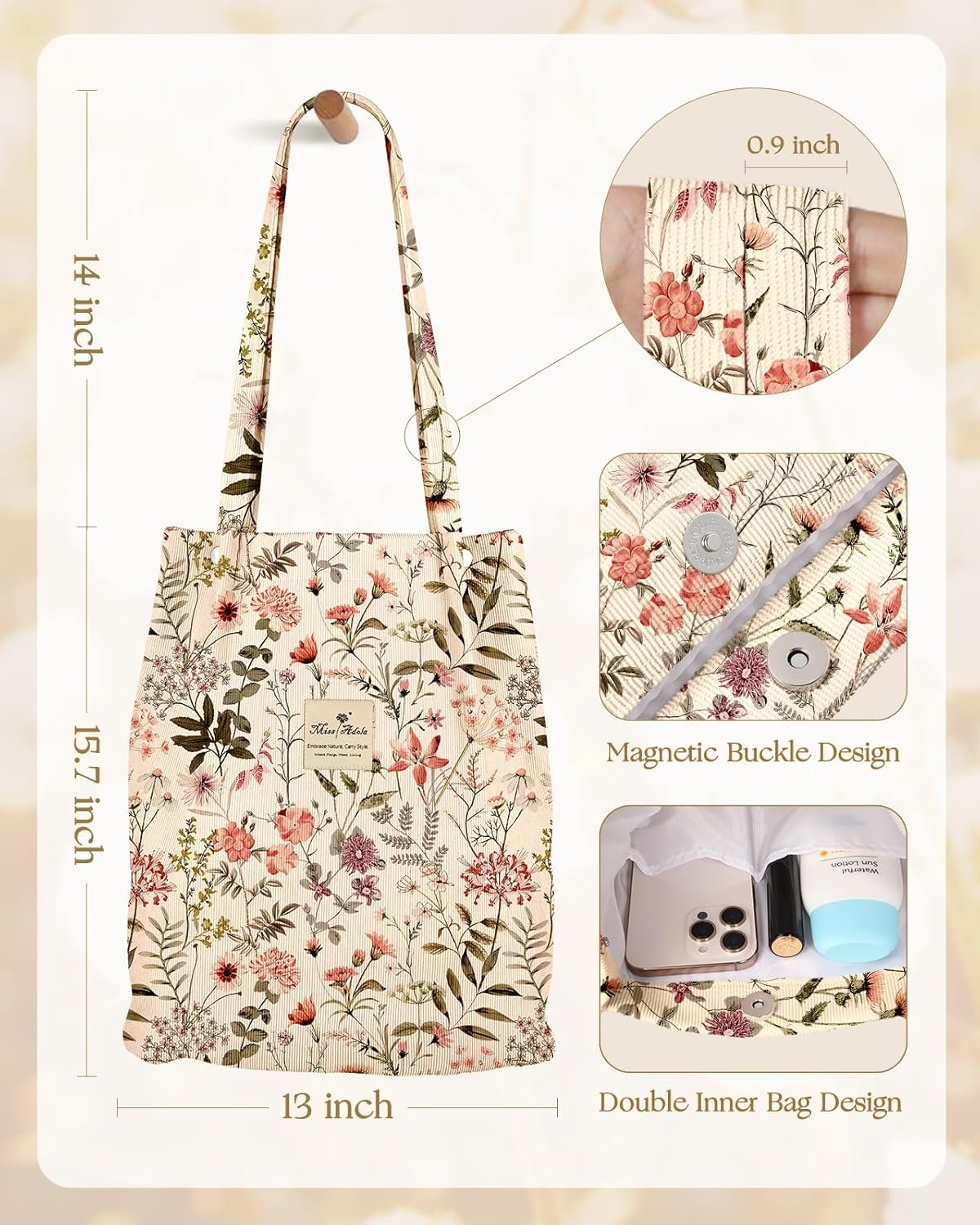 Custom Logo Corduroy Tote Bag for Women - Private Label Reusable Totes with Pocket & Buckle Cute Aesthetic Shoulder Bag Manufacturer for Work Travel