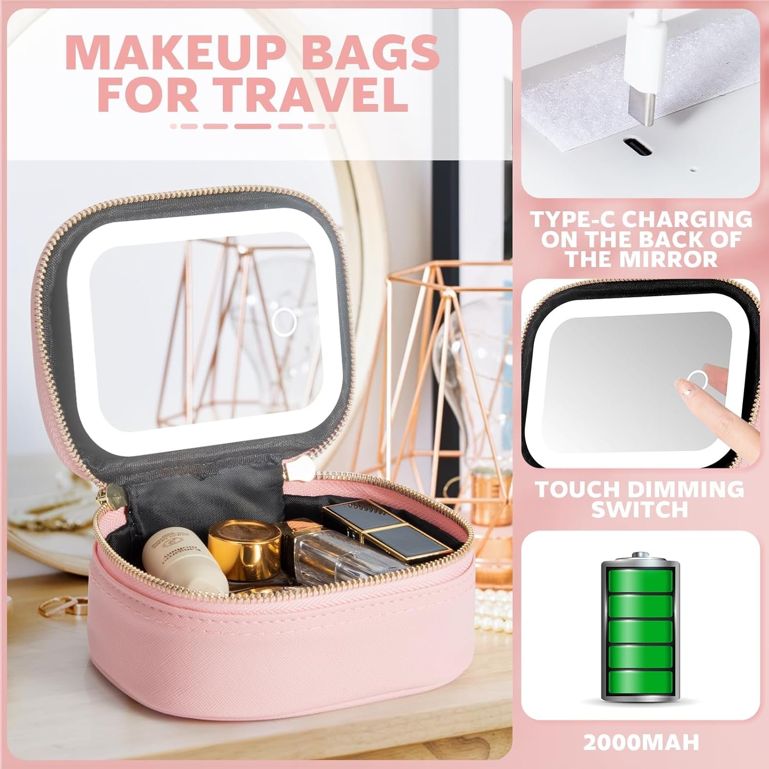 Custom Logo Mini Makeup Bag with LED Mirror, Private Label Small Travel Cosmetic Organizer 3 Light Modes Adjustable Brightness, Manufacturer Portable Toiletry Bag for Women Pool Parties Work Touch-Ups