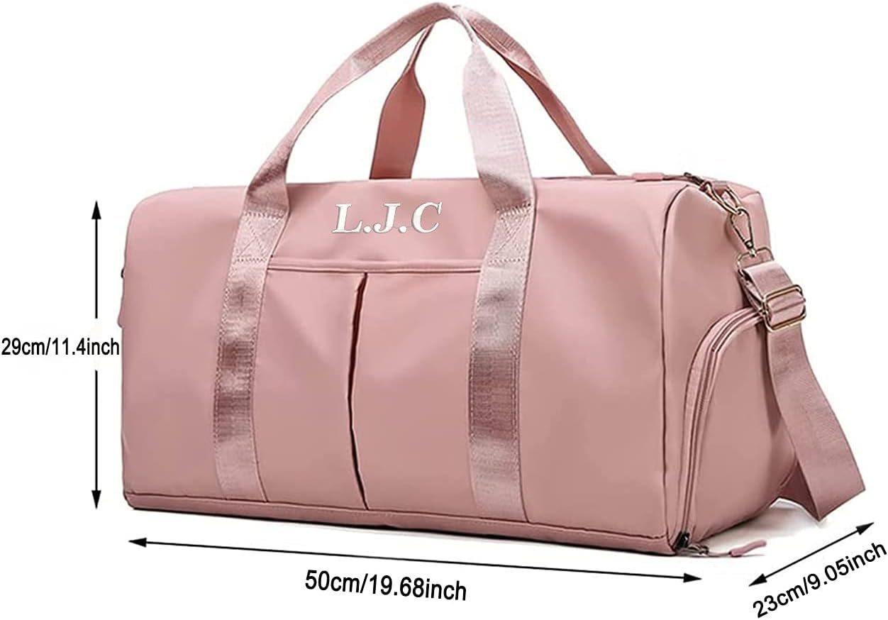 Custom Logo Embroidered Duffel Bag Sports Gym Travel with Private Label Wet Dry Pockets & Shoe Compartment Manufacturer Gift for Groomsman Bridesmaid (Pink)