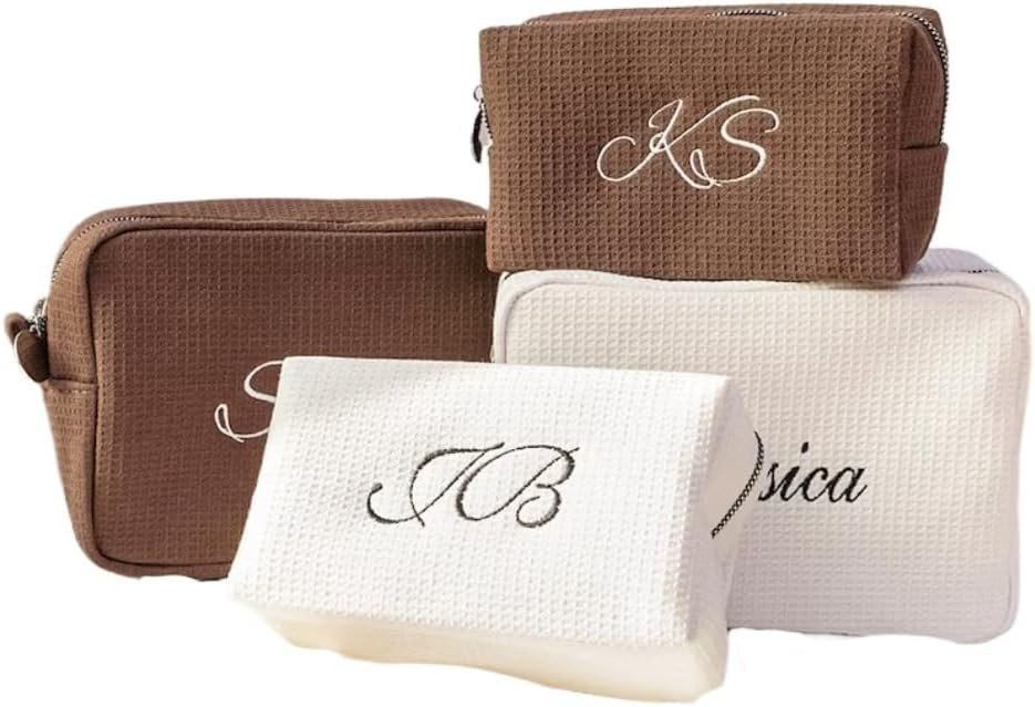 Custom Logo Personalized Waffle Travel Cosmetic Bag Factory Direct Private Label Embroidered Toiletry Bag for Women Mom Dad Bridal Shower Bridesmaid (22x16x9.5cm)